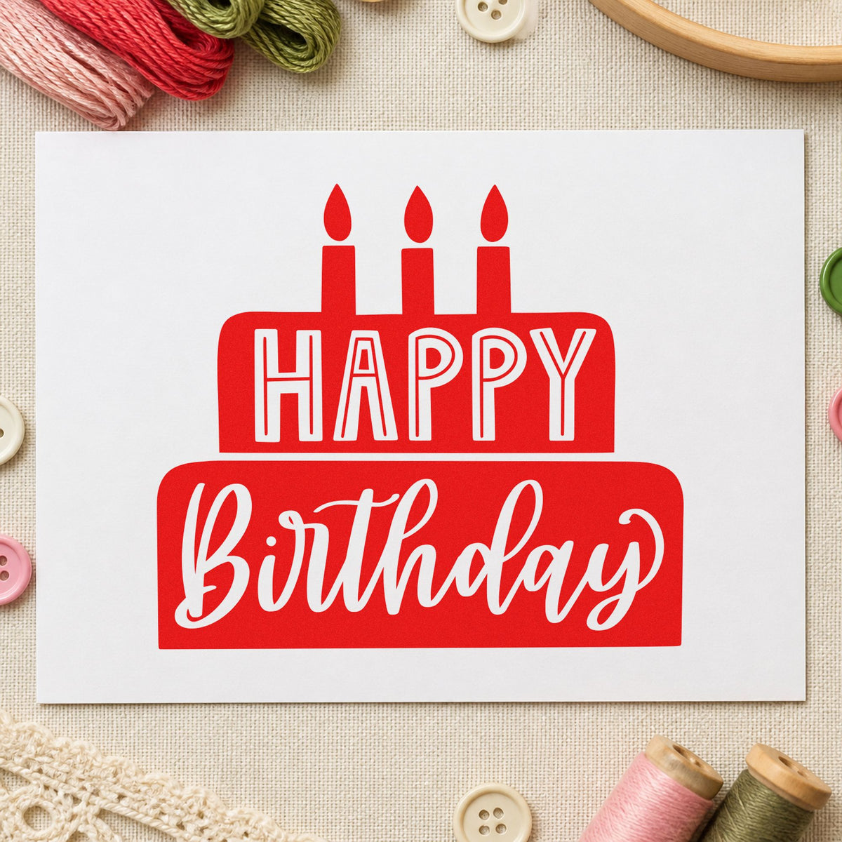 Happy Birthday Solid Cake craft stamp imprint in red ink on a handmade project, one idea being order slip cards.