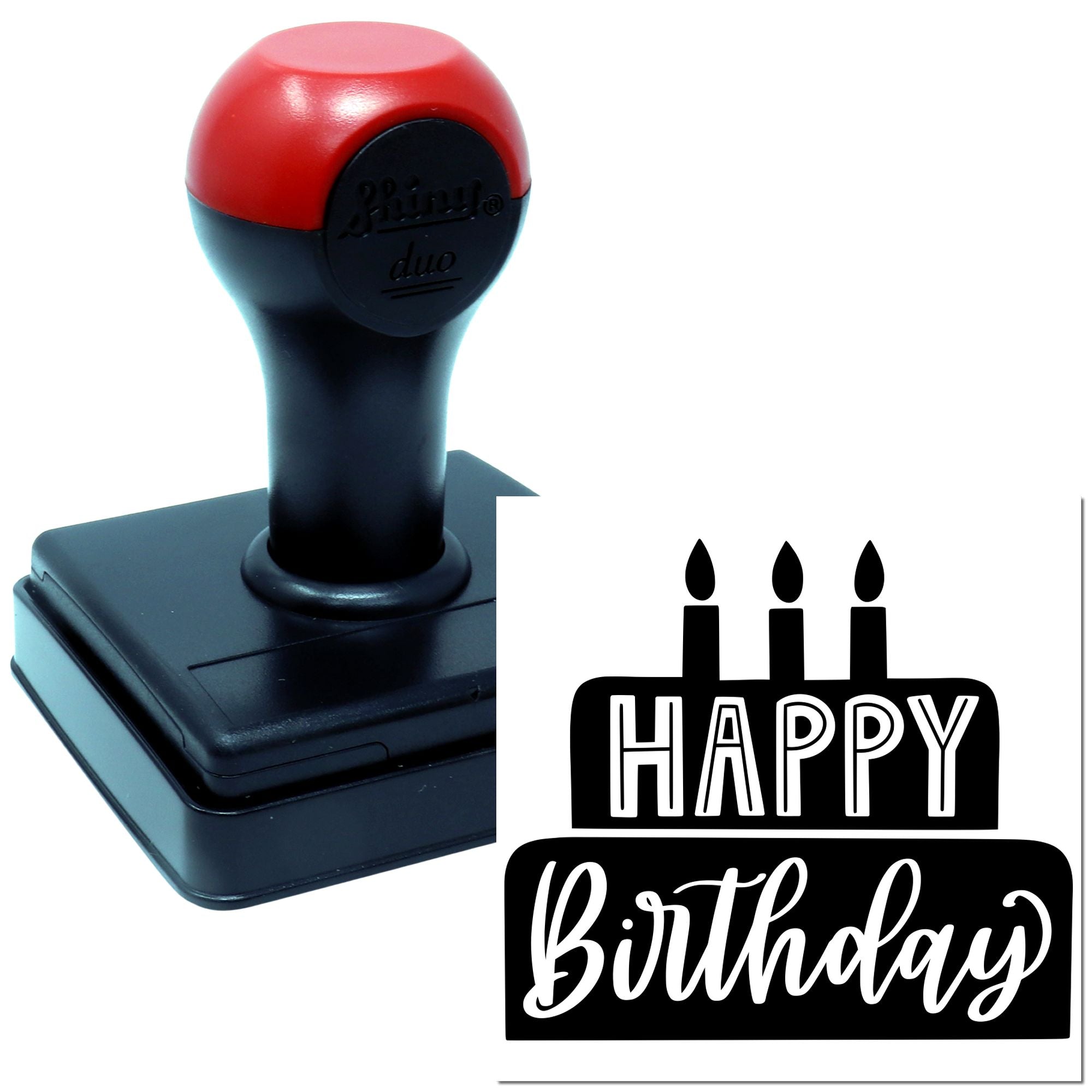 Self-inking rubber stamp with Happy Birthday design and candles, ideal for birthday cards, party invitations, and gifts.