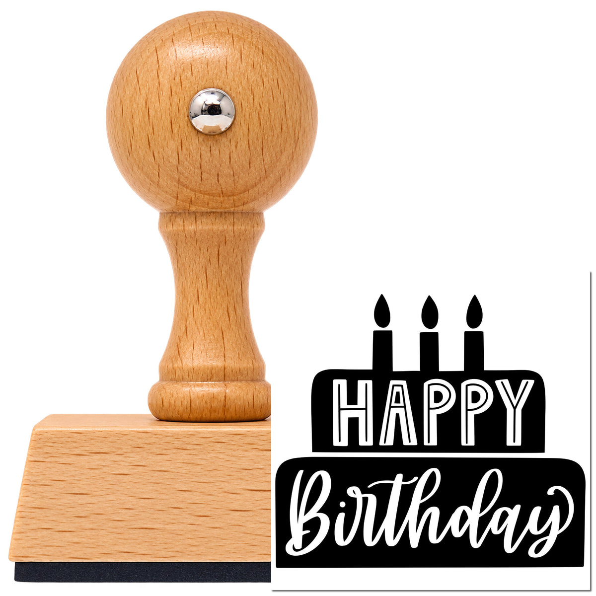 Happy Birthday Tiered Cake Vintage Pro rubber stamp in European beech wood with a round knob handle, shown beside its black imprint.