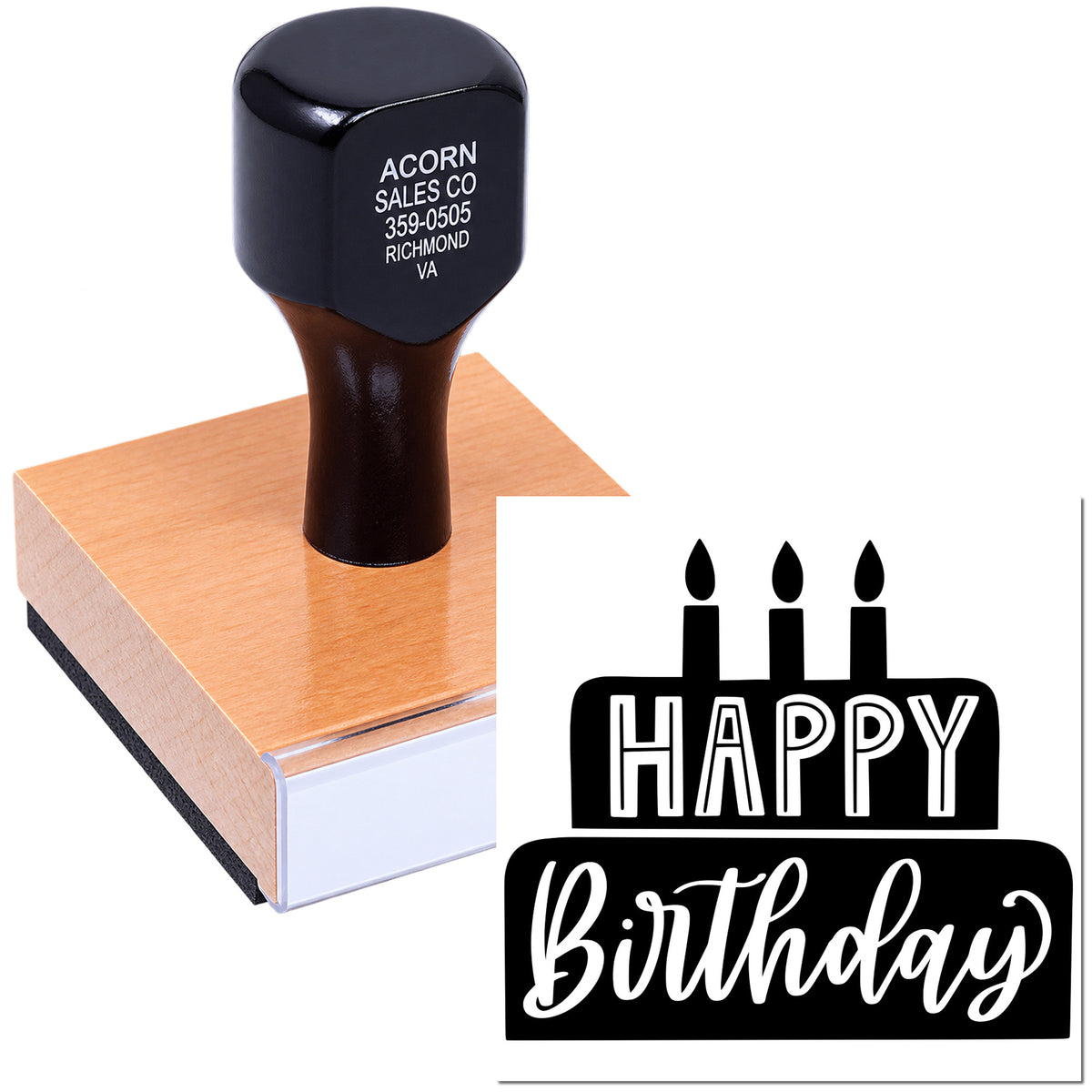 Custom Happy Birthday rubber stamp with cake design for cards, invitations, and party decorations.