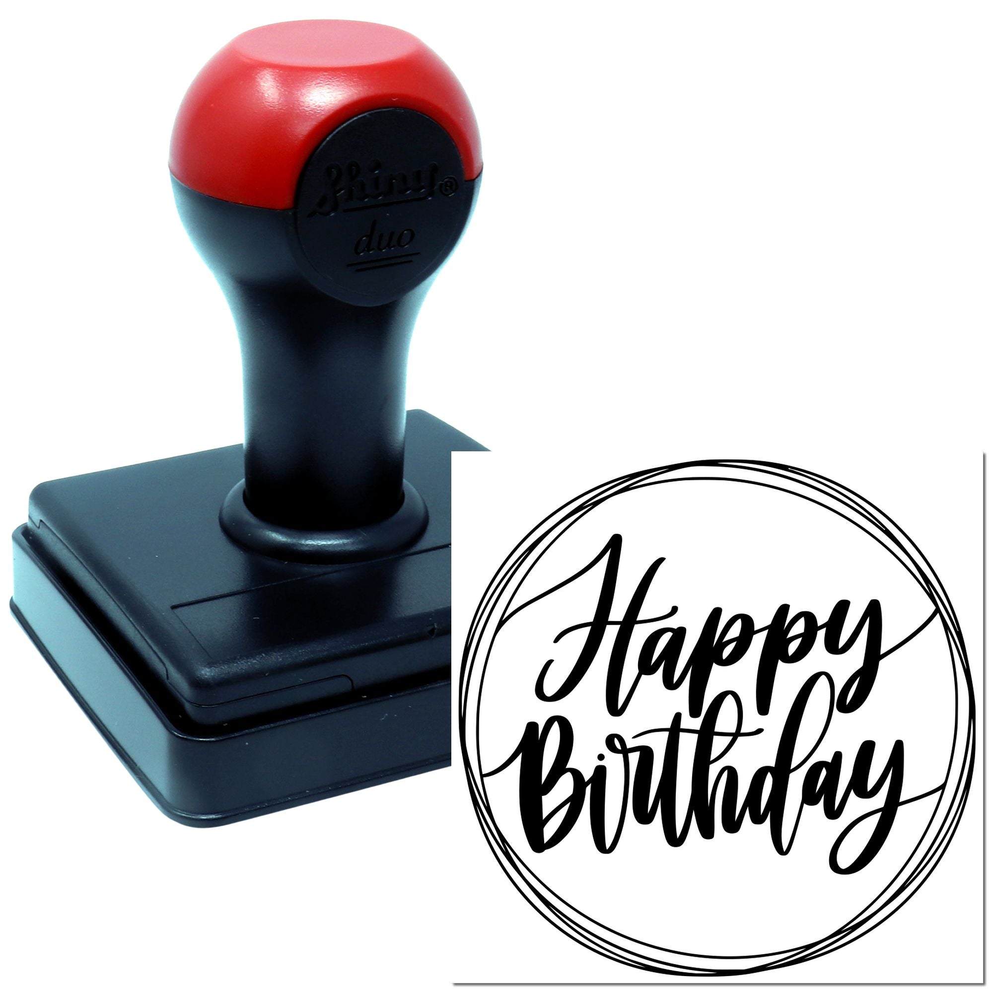 Custom self-inking rubber stamp with circular Happy Birthday design for cards, crafts, invitations, and gift packaging.
