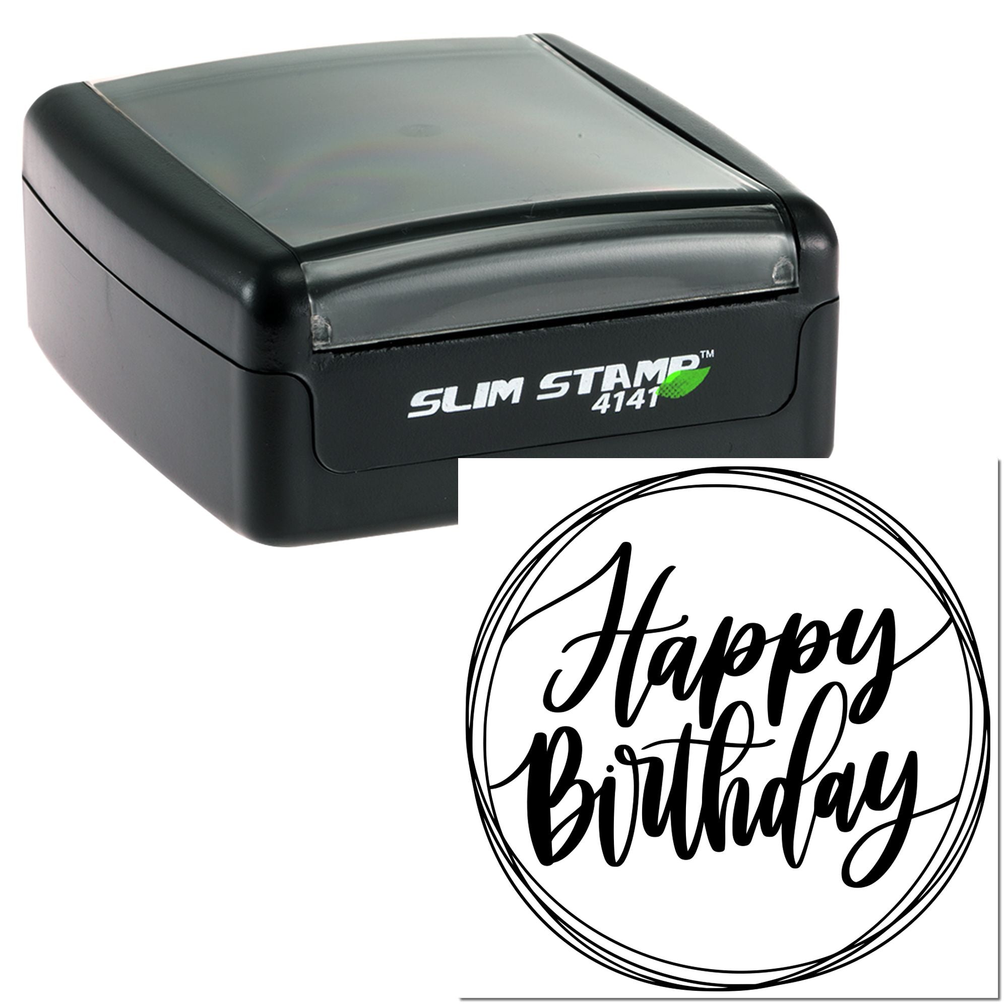 Custom Happy Birthday self-inking rubber stamp, Slim Stamp 4141, with circular decorative design for cards and gift packaging.