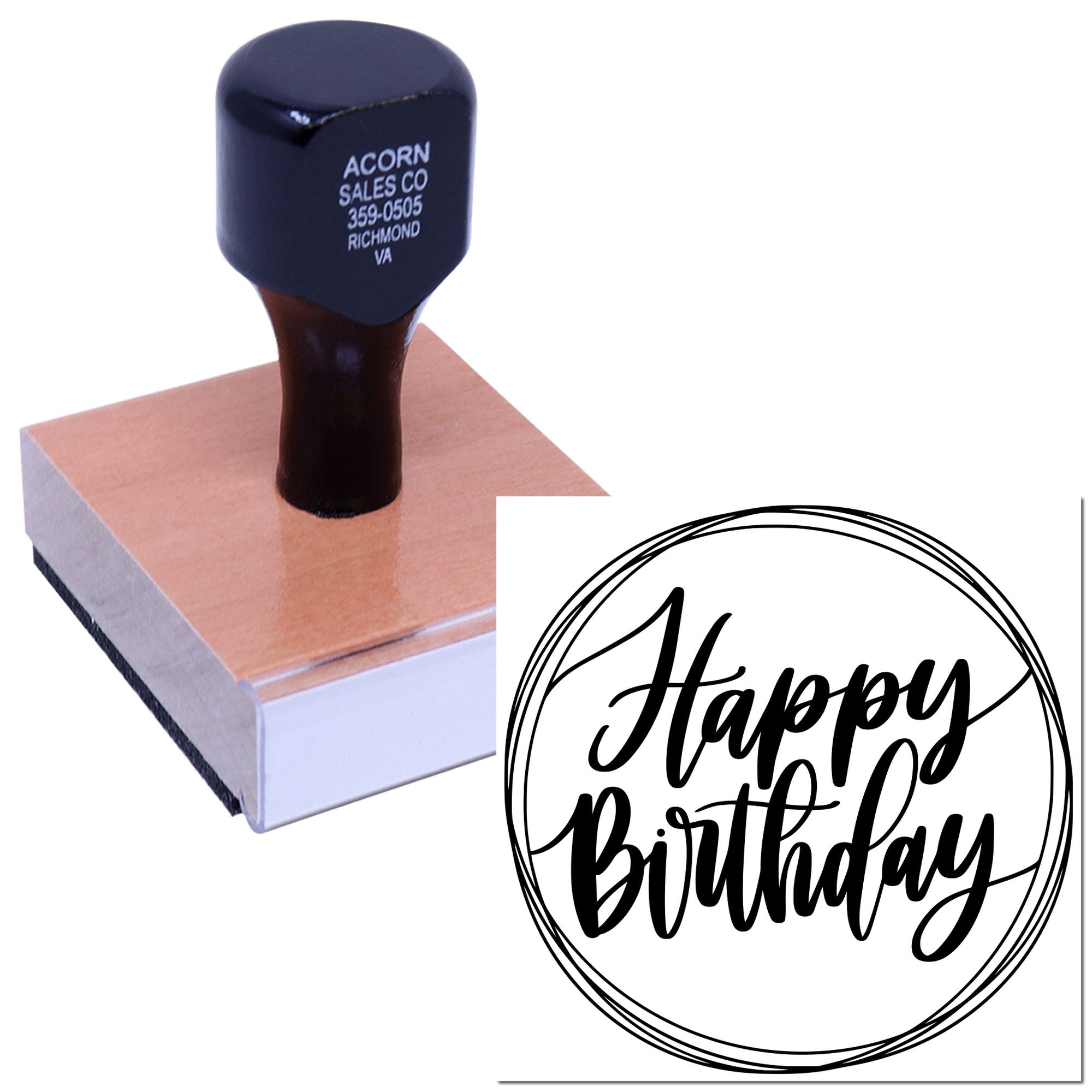 Custom Happy Birthday rubber stamp with wood block mount, ideal for handmade birthday cards and party invitations.