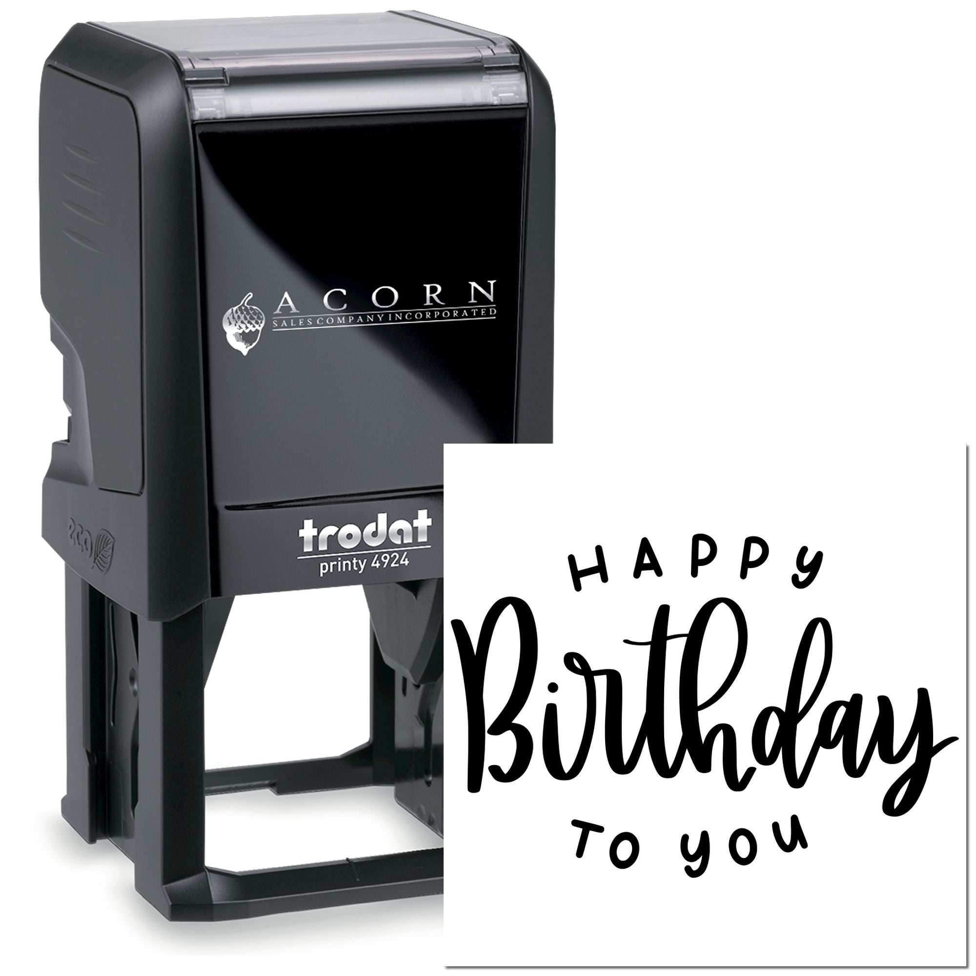 Custom Happy Birthday self-inking rubber stamp for personalized cards, invitations, and gift packaging.