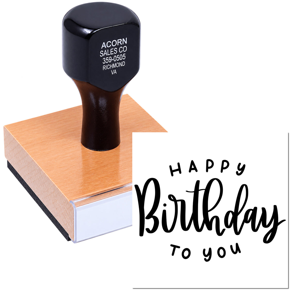Custom Happy Birthday to You rubber stamp with wooden handle for greeting cards, party invitations, and craft projects.