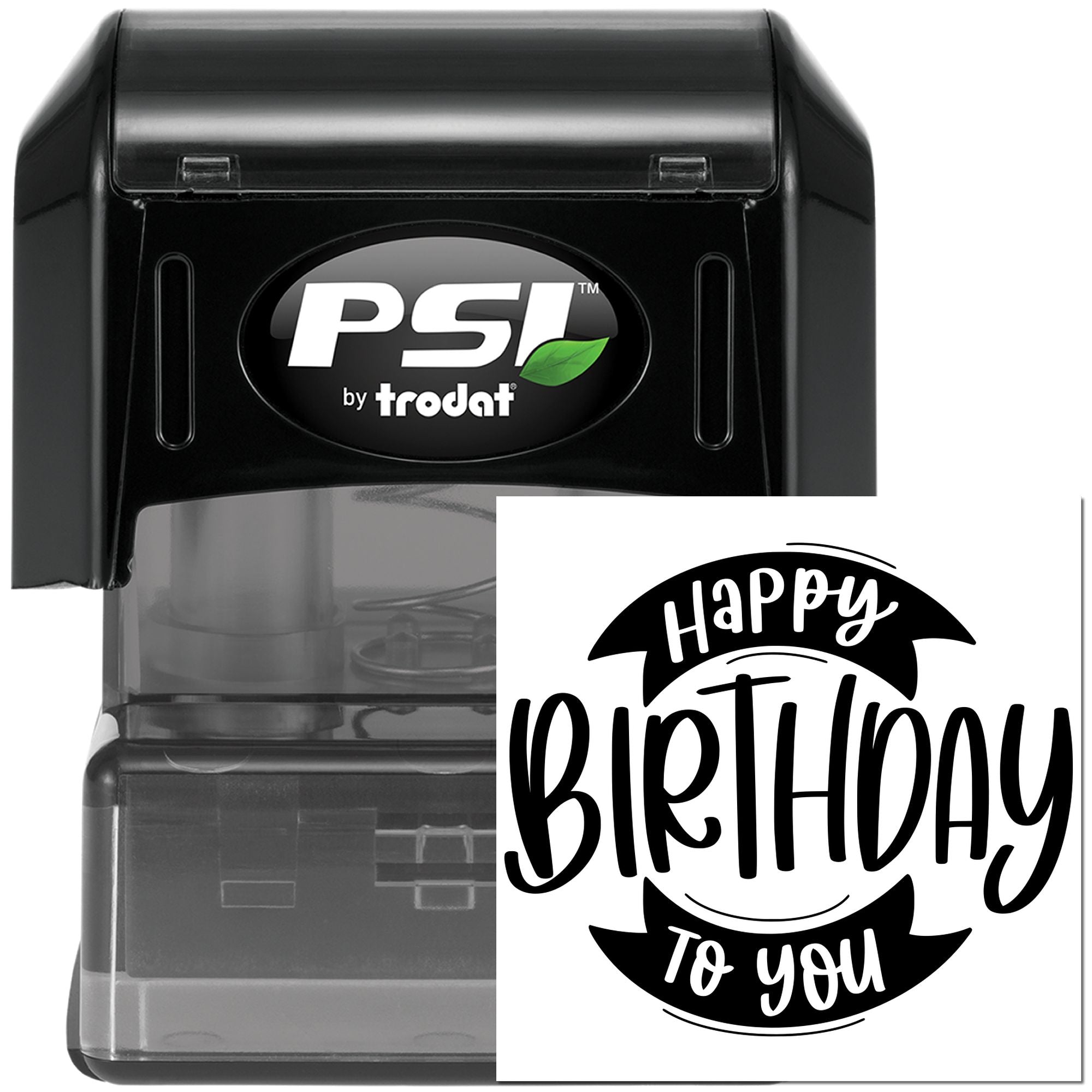 Custom Happy Birthday self-inking rubber stamp by PSI by Trodat for personalized cards, invitations, and gift packaging.