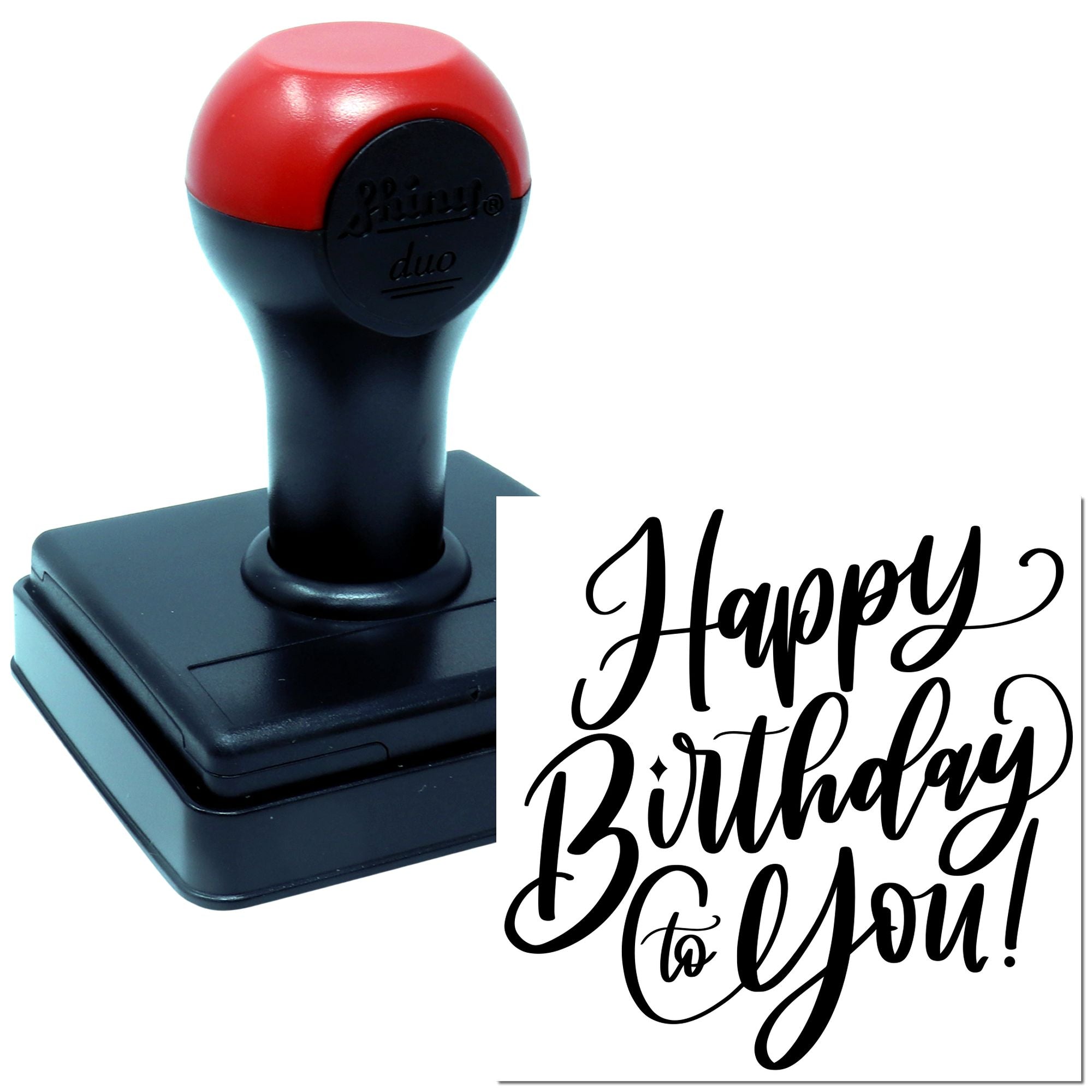Self-inking rubber stamp with Happy Birthday to You design for greeting cards, crafts, and party invitations.