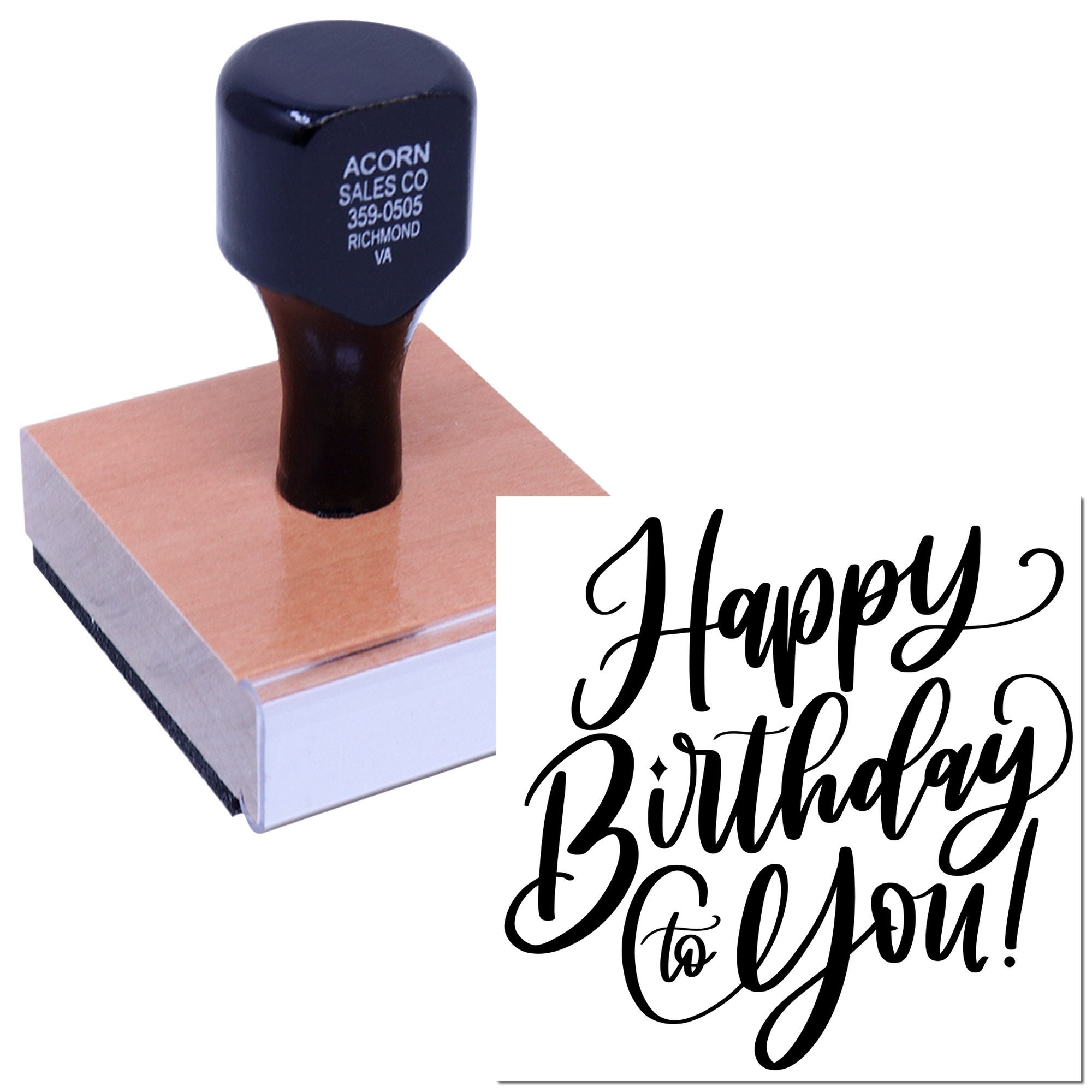 Custom rubber stamp with Happy Birthday to You script for handmade cards, invitations, and gift packaging.