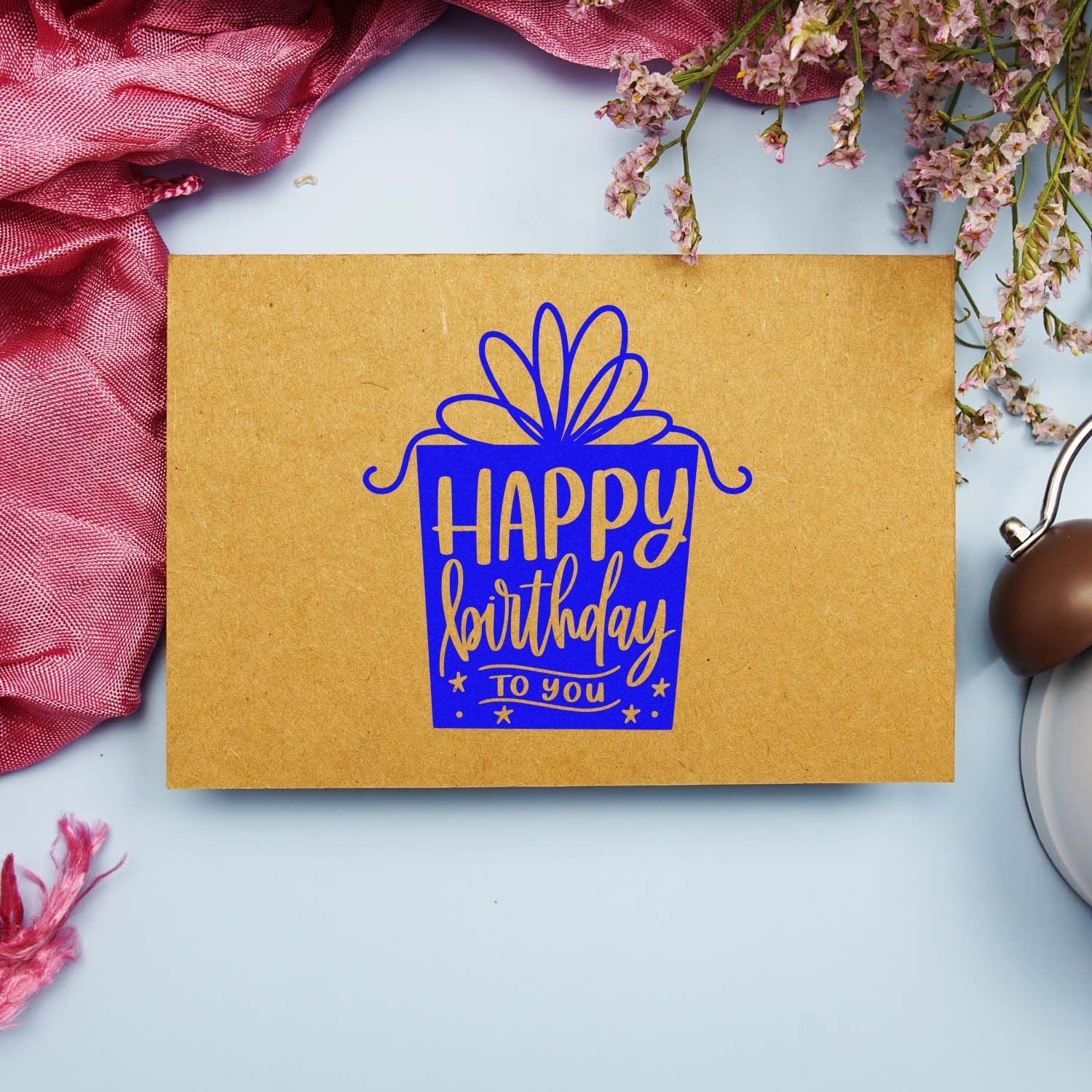 Happy Birthday to You rubber stamp design for handmade birthday cards, gift packaging, and craft projects on kraft paper.