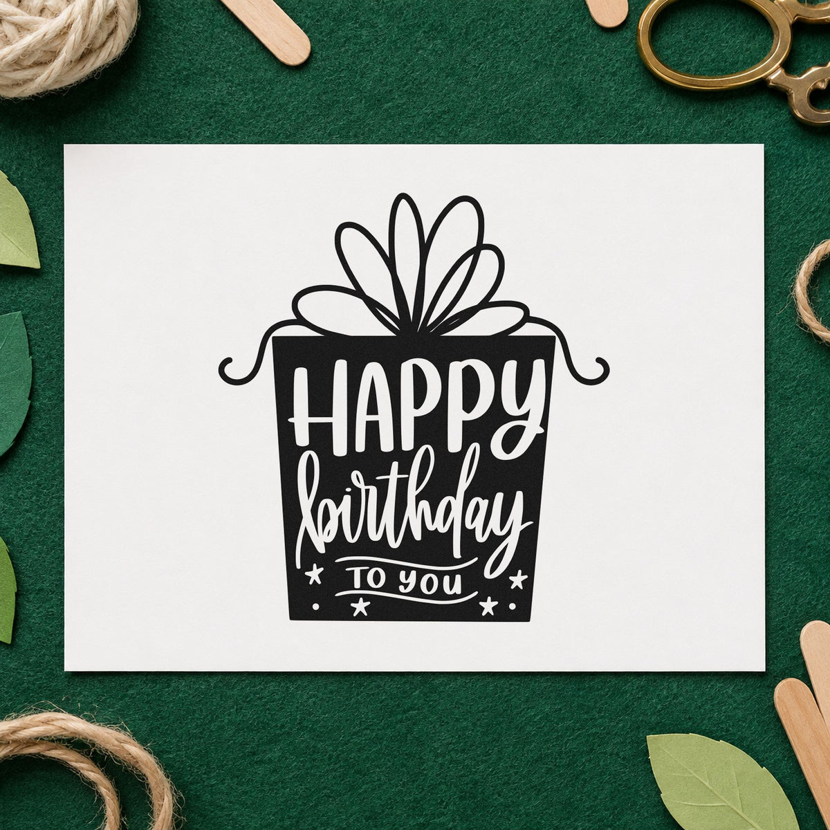 Birthday Gift Shaped Lettering rubber stamp printed in black ink, ready for desk rota sheet and similar paper crafts.