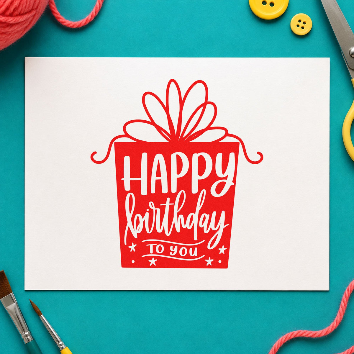 Birthday Gift Shaped Lettering rubber stamp shown in red ink, stamped for projects such as bin paper labels.