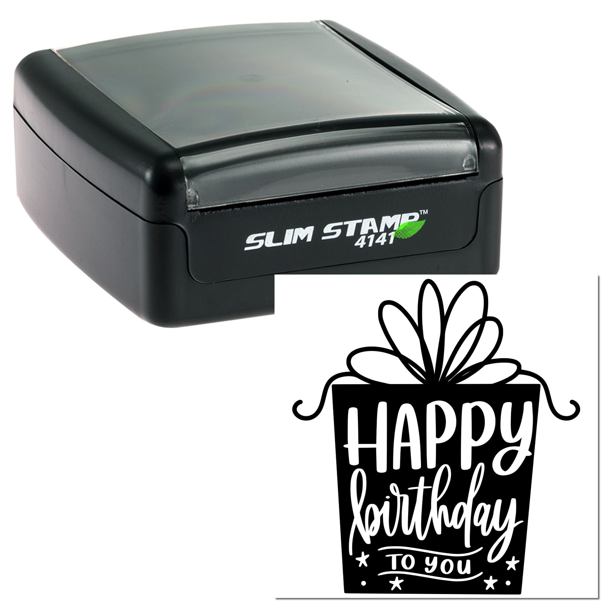 Slim Stamp 4141 self-inking rubber stamp with Happy Birthday gift box design for custom cards, packaging, and crafts.