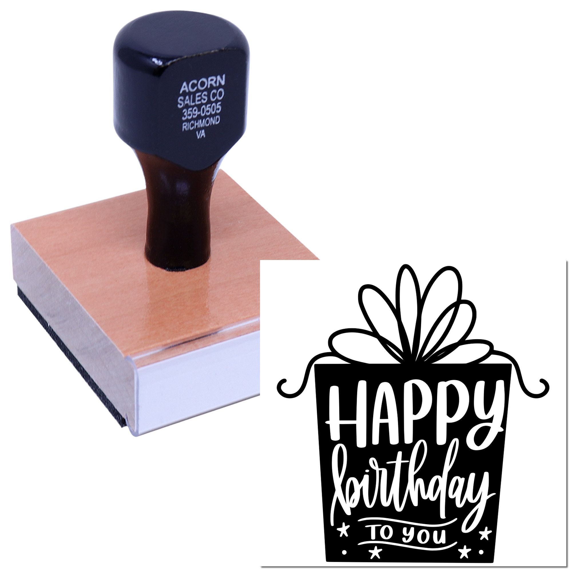 Wood-mounted custom rubber stamp with Happy Birthday to You gift design for birthday cards, gift wrap, and party crafts.