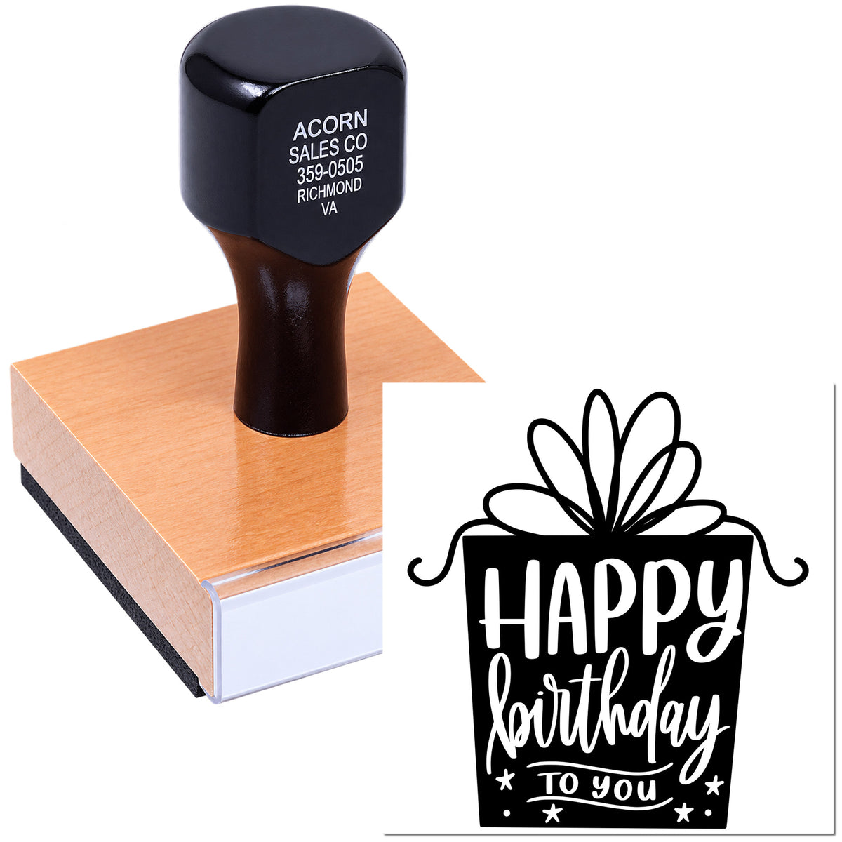 Wood-mounted custom rubber stamp with Happy Birthday to You gift design for birthday cards, gift wrap, and party crafts.
