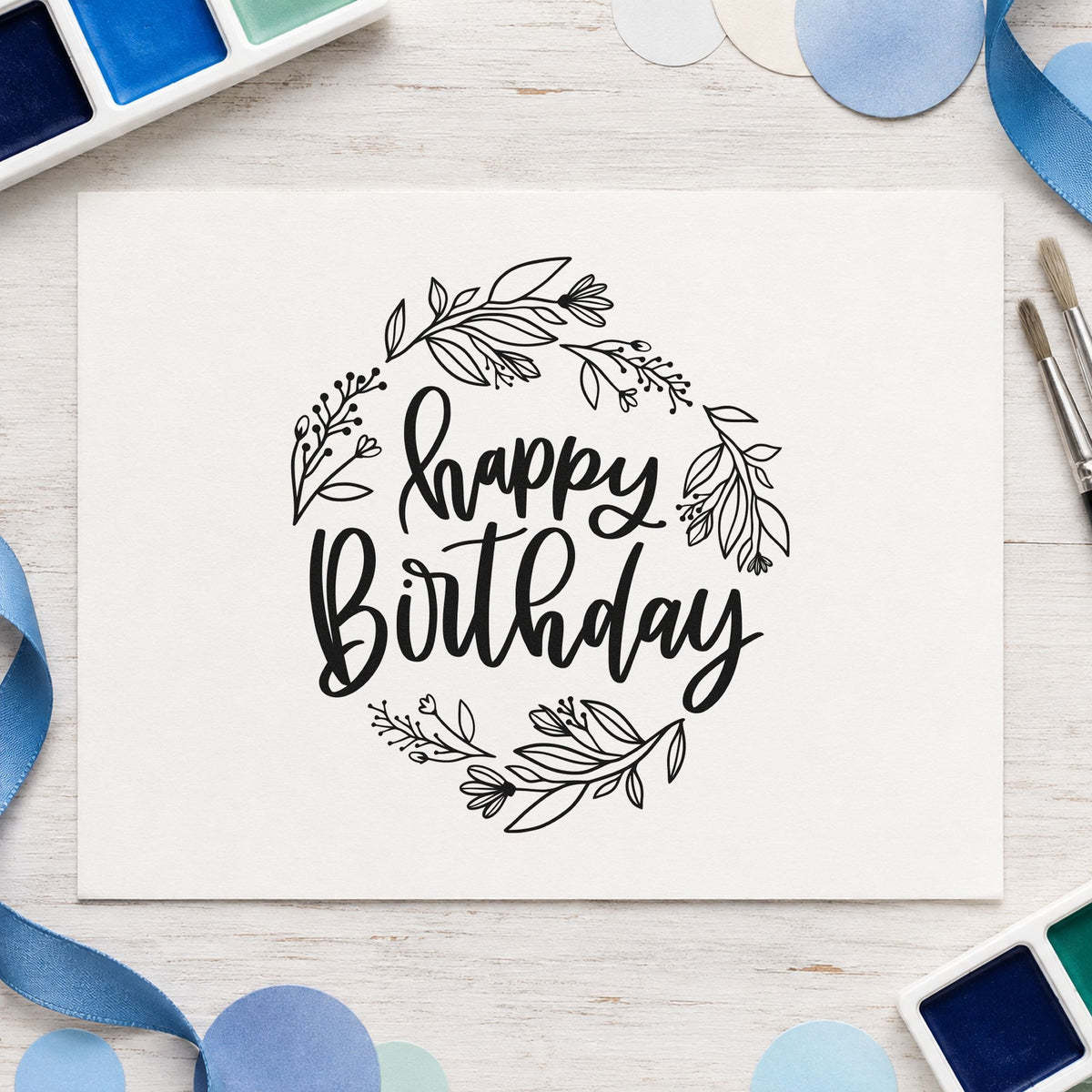Happy Birthday Leafy Wreath rubber stamp printed in black ink, ready for botanical sprig cards and similar paper crafts.