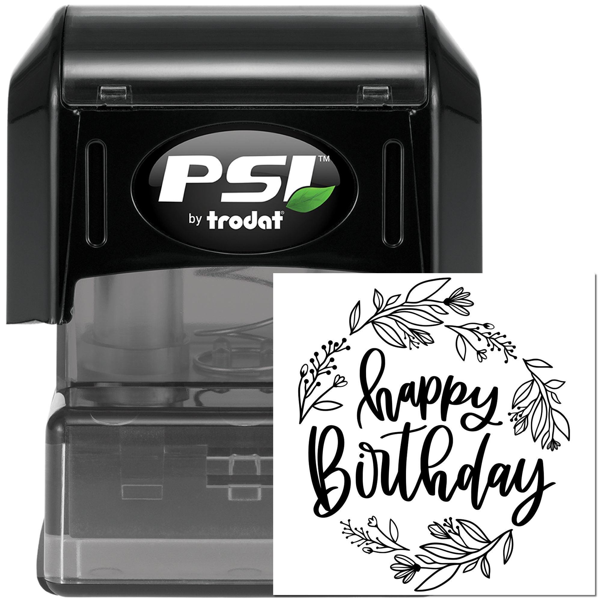 PSI by Trodat self-inking rubber stamp with floral Happy Birthday design for cards, crafts, and packaging.