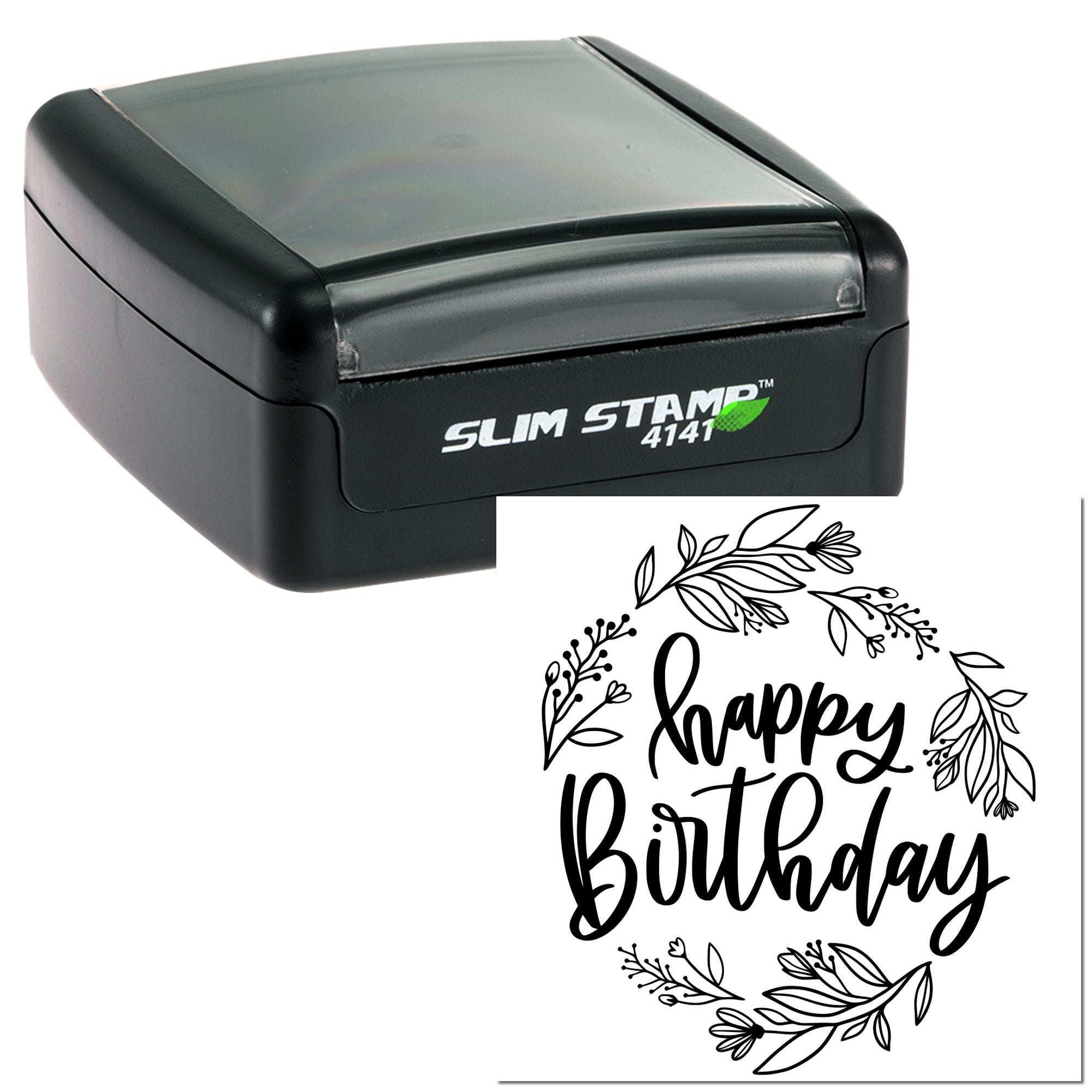 Self-inking rubber stamp with floral Happy Birthday design for custom birthday cards and gift packaging.