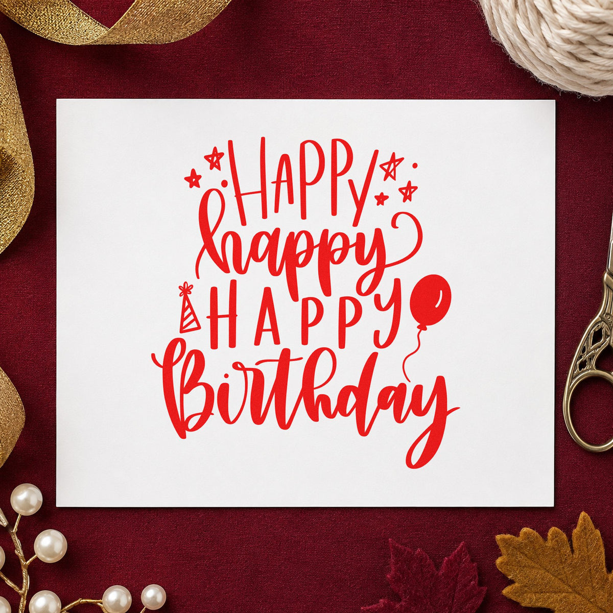Repeated Happy Birthday Balloons rubber stamp shown in red ink, stamped for projects such as bin toy labels.