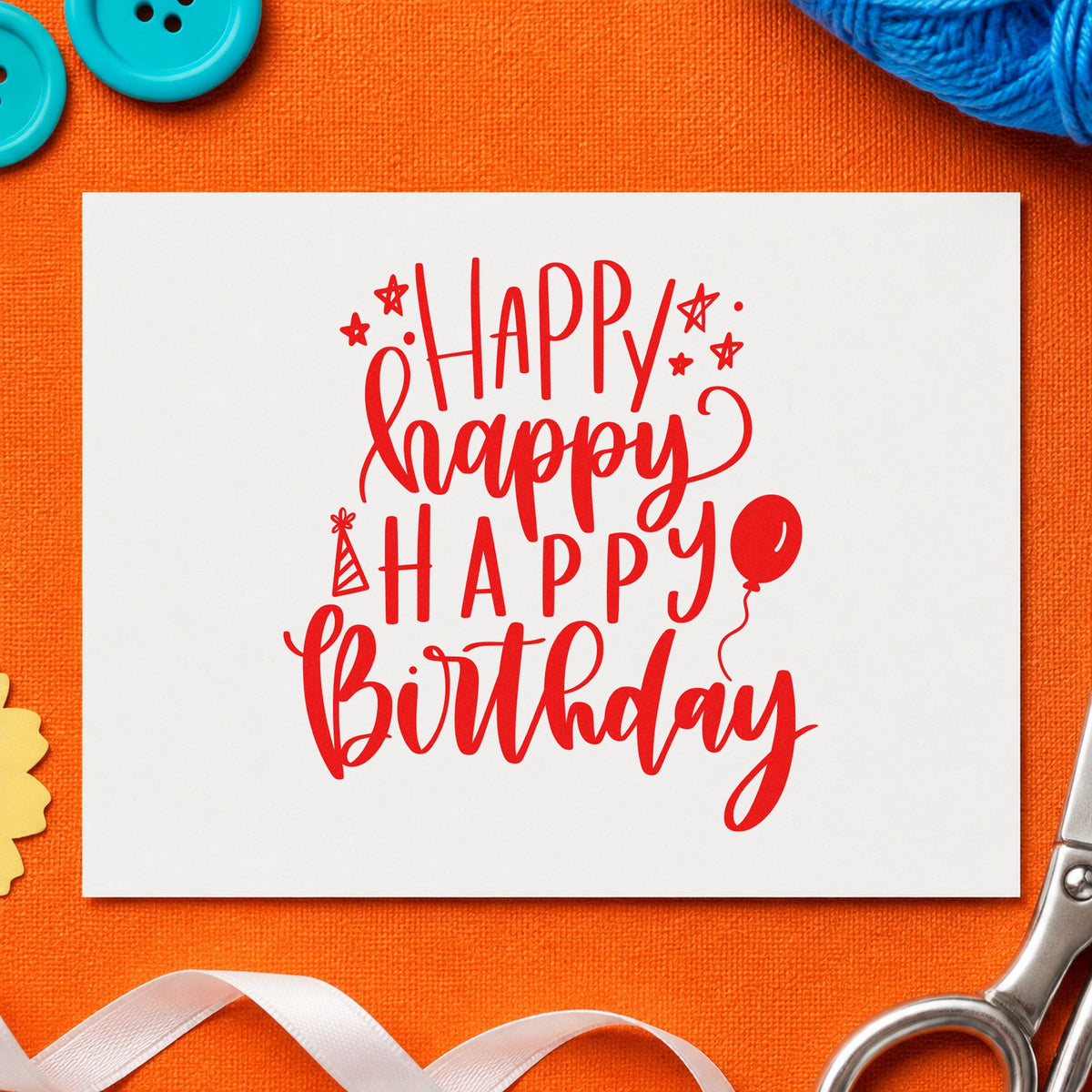 Repeated Happy Birthday Balloons craft stamp imprint in red ink on a handmade project, one idea being parent note cards.