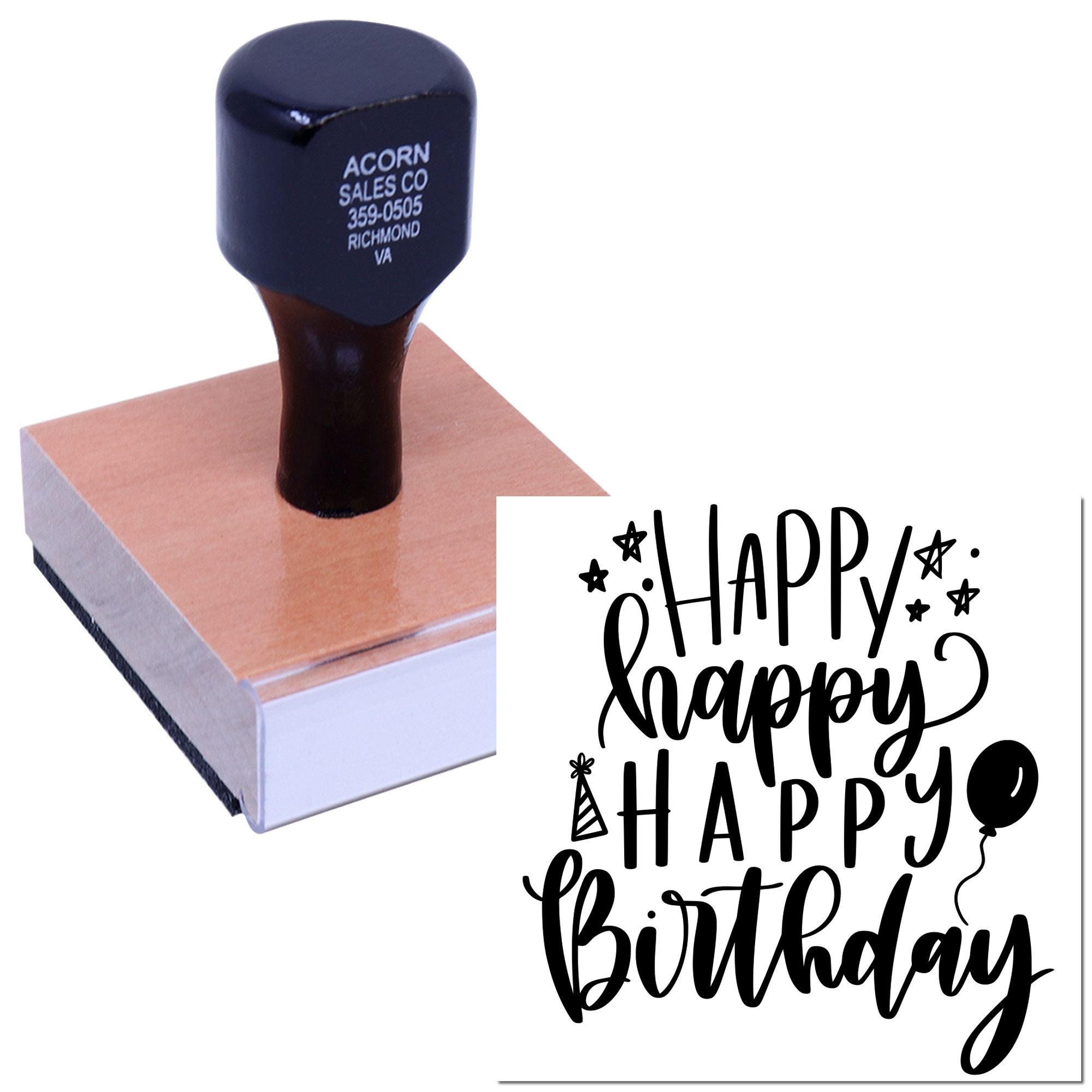 Custom birthday rubber stamp with Happy Happy Birthday design for handmade cards and party invitations.