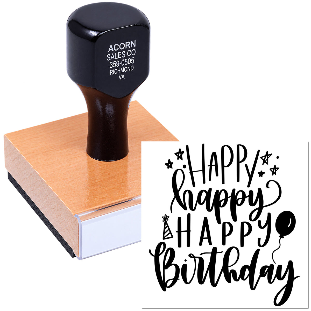 Custom birthday rubber stamp with Happy Happy Birthday design for handmade cards and party invitations.