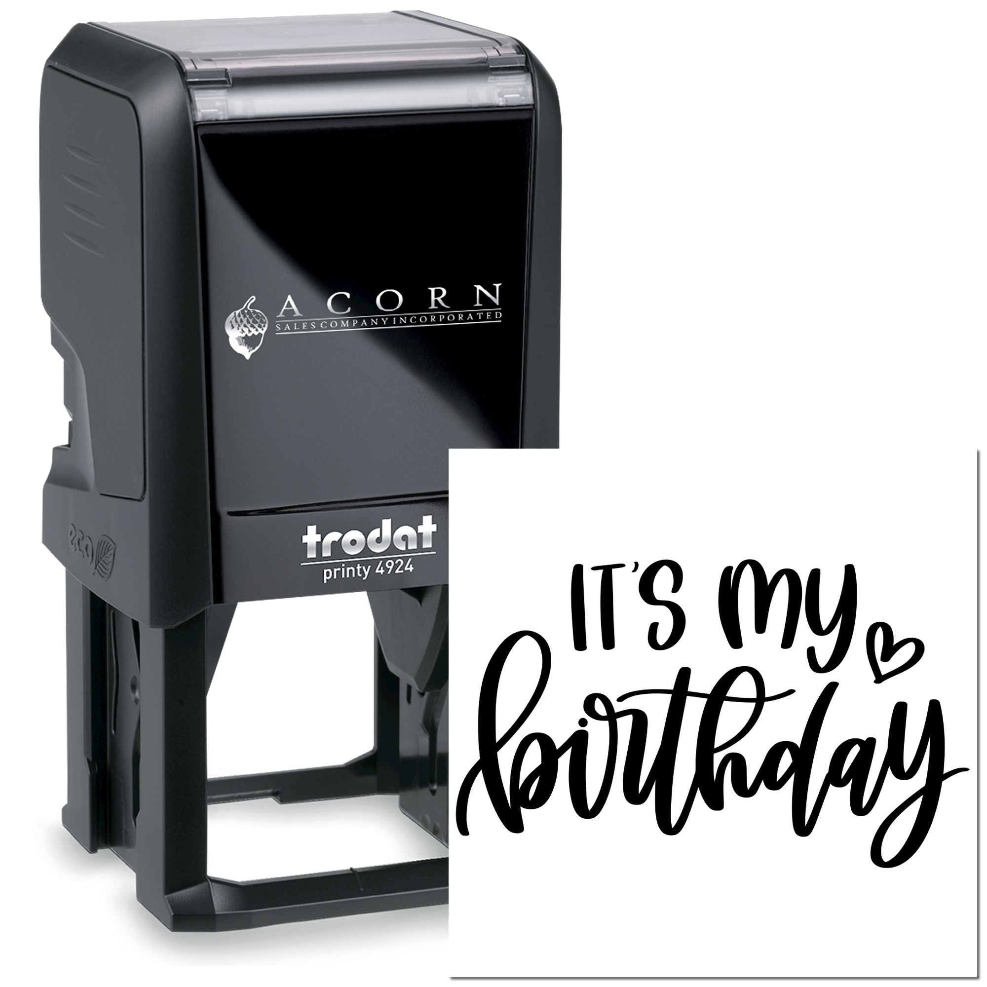 Self-inking rubber stamp with Its my birthday message for personalized birthday cards, invitations, and party packaging.