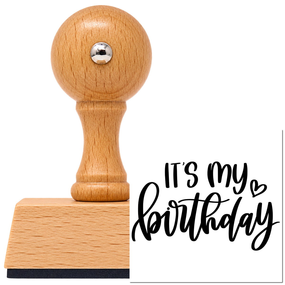 It Is My Birthday Vintage Pro rubber stamp in European beech wood with a round knob handle, shown beside its black imprint.