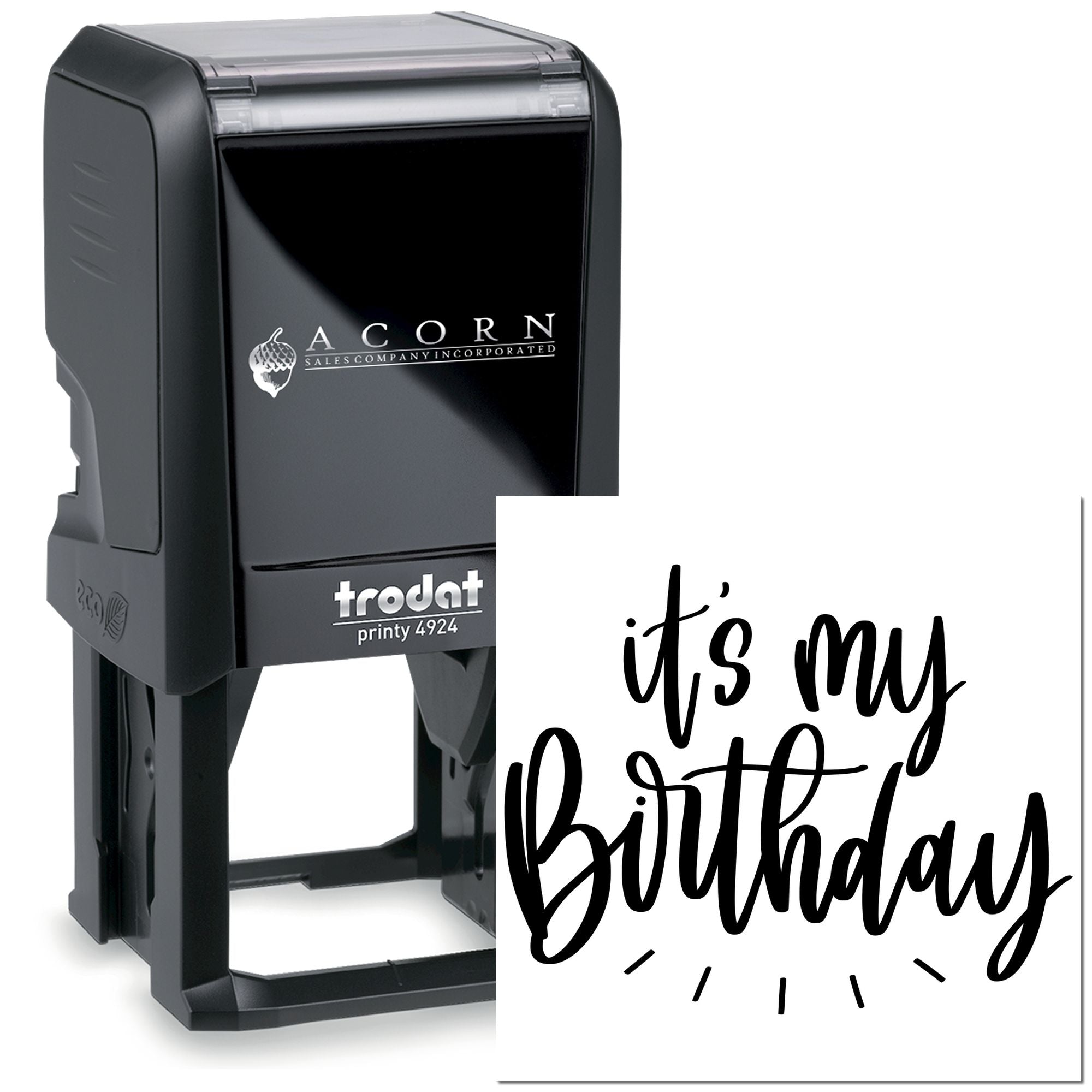 Self-inking custom rubber stamp with Its My Birthday design for personalized birthday cards and party crafts