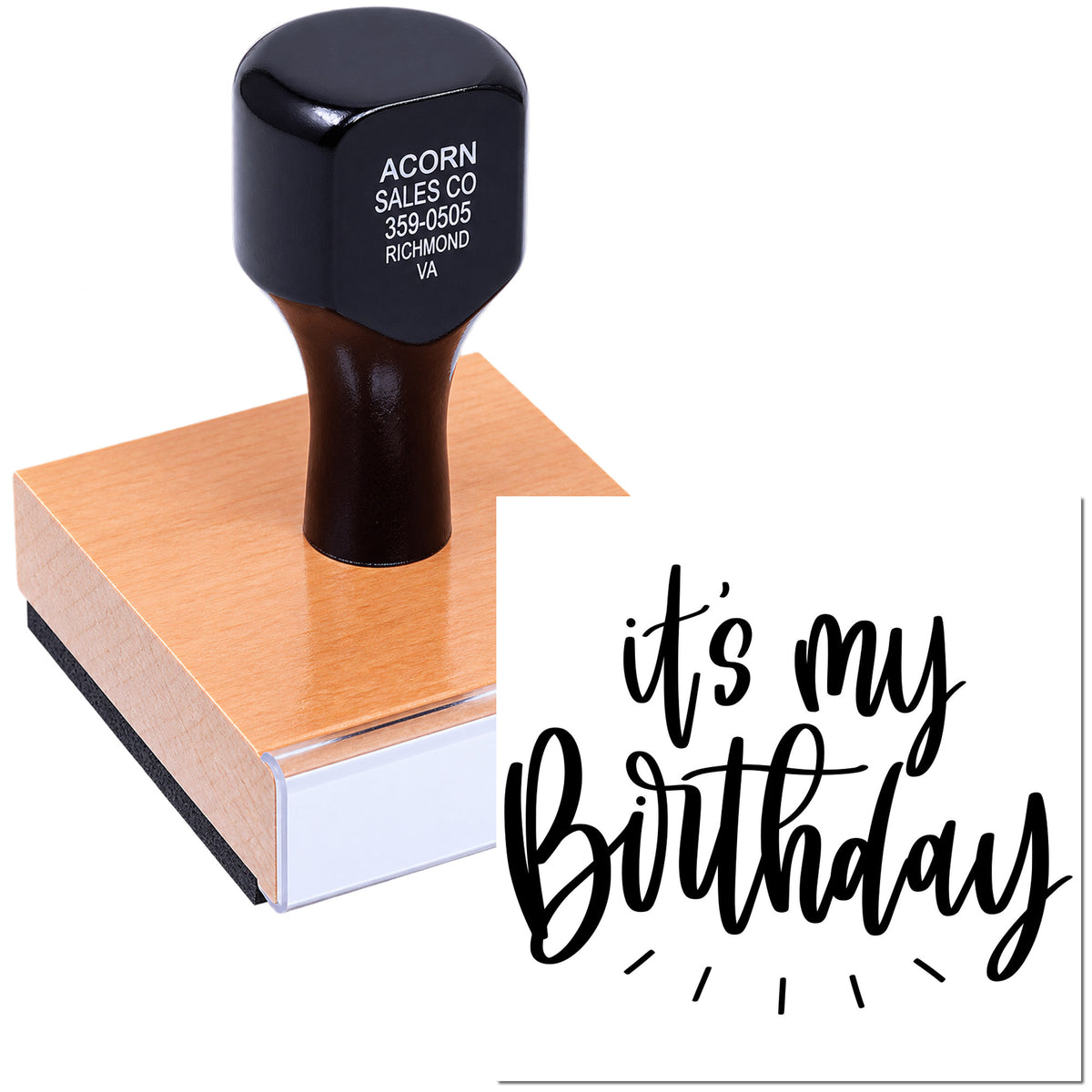 Personalized rubber birthday stamp with its my birthday script for cards, gifts, and party invitations.