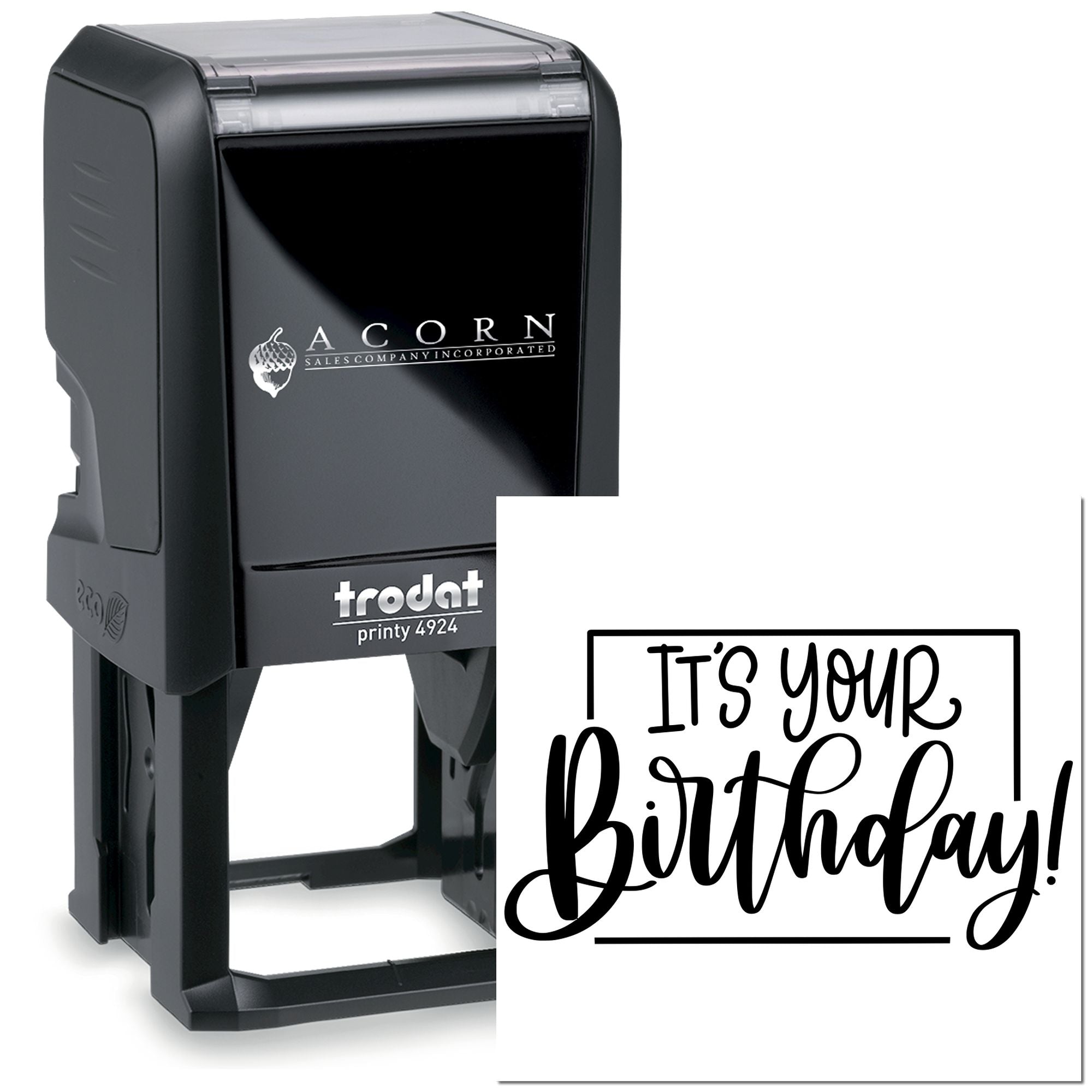 Custom self-inking rubber stamp with "It's your birthday!" design for birthday cards and party invitations.