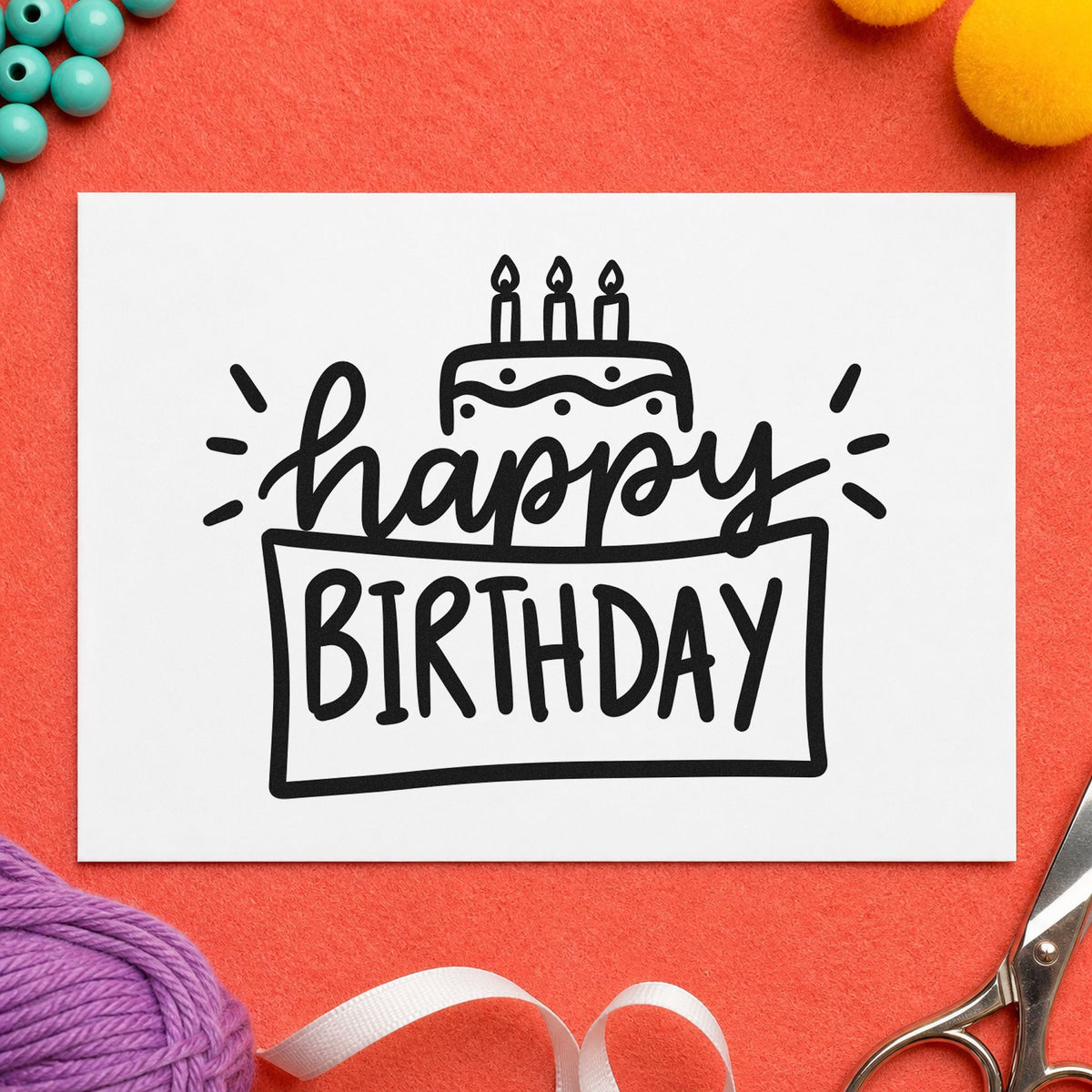 Happy Birthday Cake Frame craft stamp in black ink on cardstock, an easy option for home bake album page.