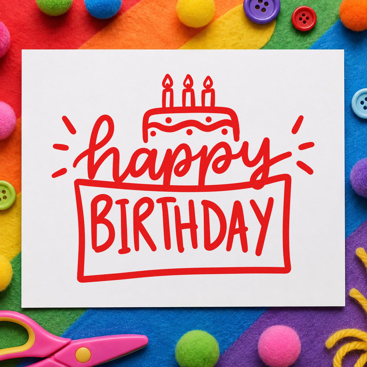 Happy Birthday Cake Frame rubber stamp shown in red ink, stamped for projects such as jar ingredient labels.