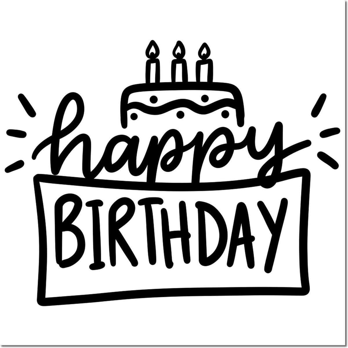 Happy Birthday rubber stamp design with cake and candles, perfect for birthday cards, scrapbooking, and party greetings.