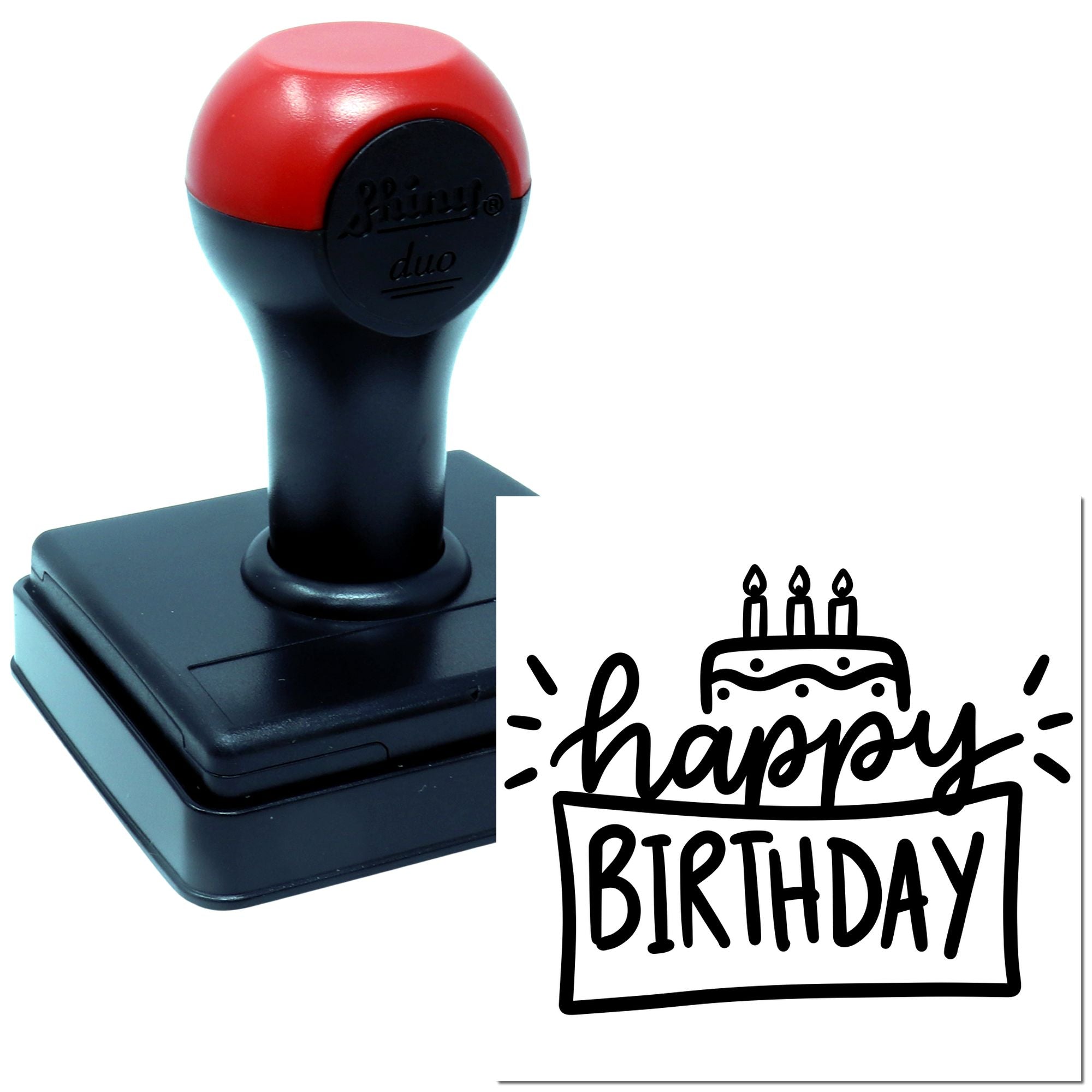 Self-inking rubber stamp with Happy Birthday cake design for birthday cards, invitations, gift packaging, and party crafts.