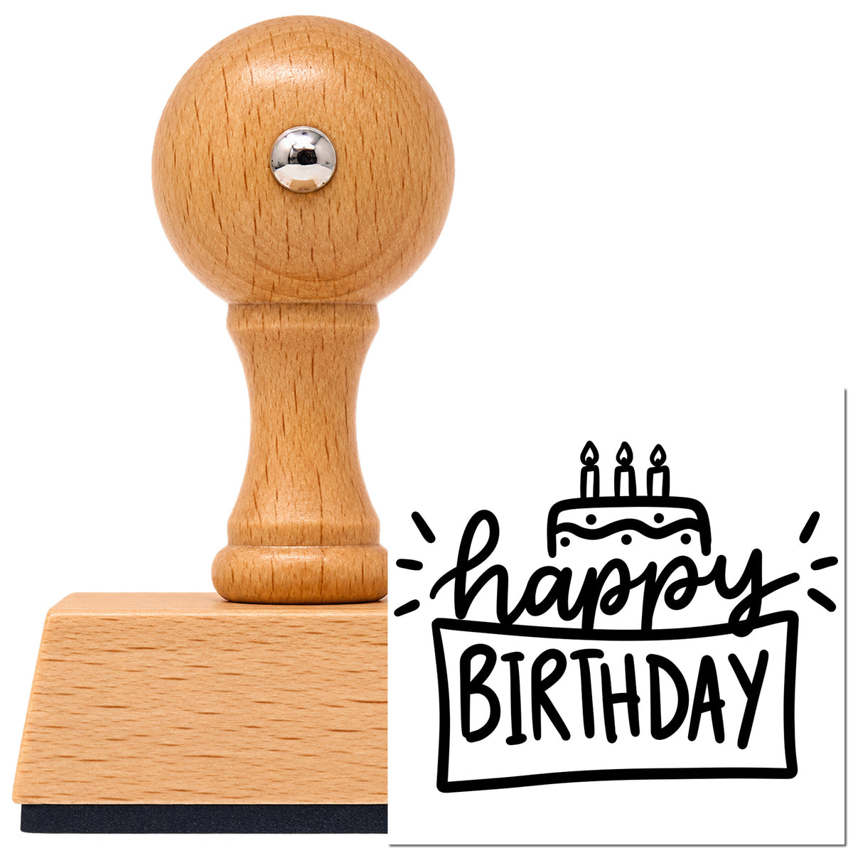 Happy Birthday Cake Framed Lettering Vintage Pro rubber stamp in European beech wood with a round knob handle, shown beside its black imprint.