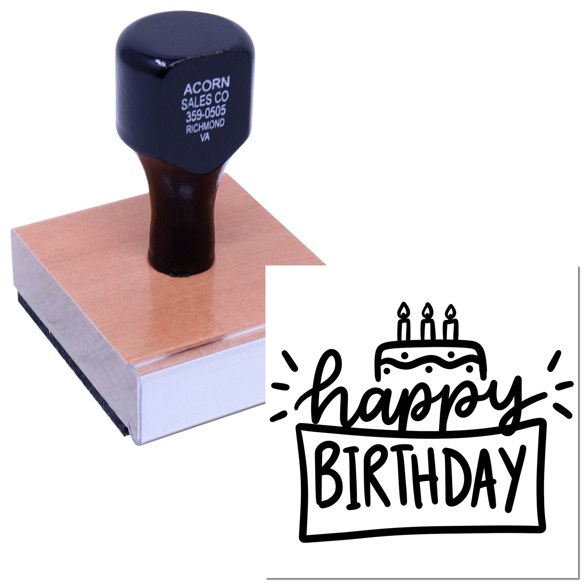 Custom Happy Birthday rubber stamp with cake design for cards, party invitations, and gift packaging.