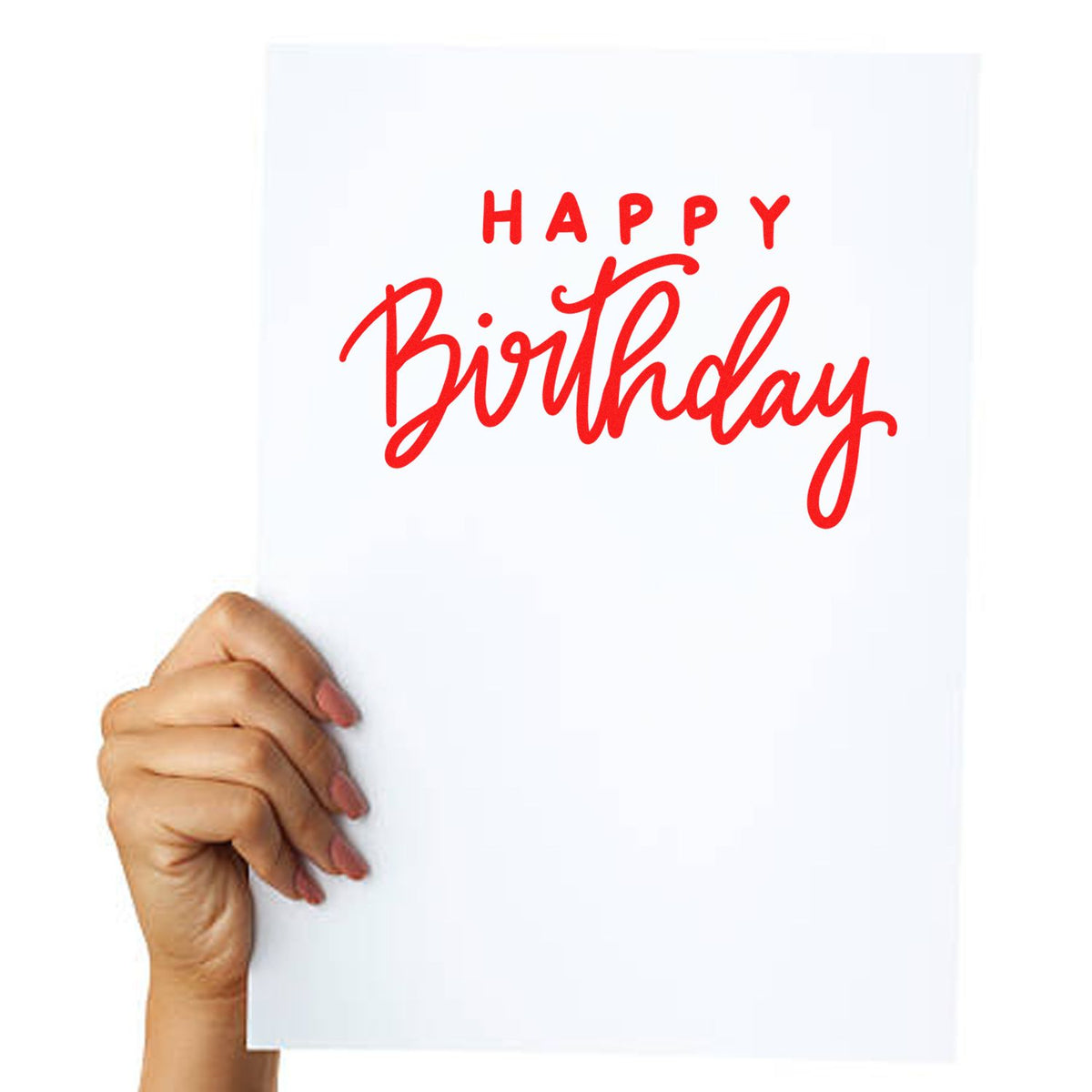 Happy Birthday rubber stamp design in red script on white card, held by hand for custom birthday greeting cards