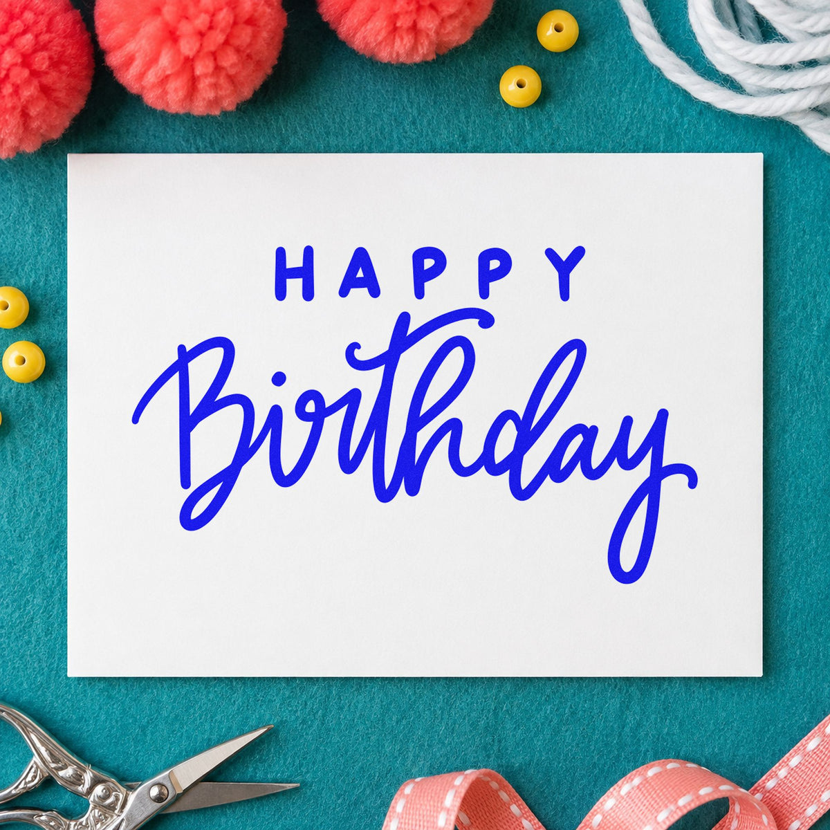 Happy Birthday Spaced Heading craft stamp in blue ink on cardstock, an easy option for tote flap printing.