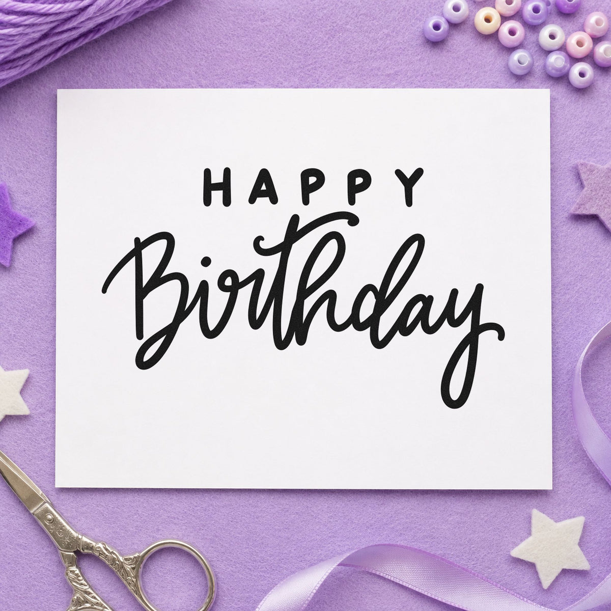 Happy Birthday Spaced Heading rubber stamp printed in black ink, ready for broad script cards and similar paper crafts.