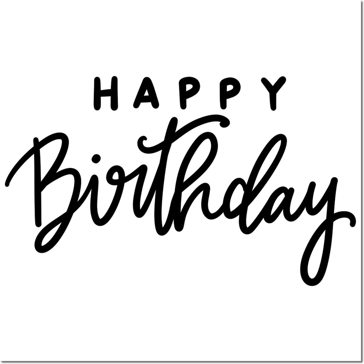Happy Birthday rubber stamp design with bold script lettering, perfect for handmade birthday cards and craft projects