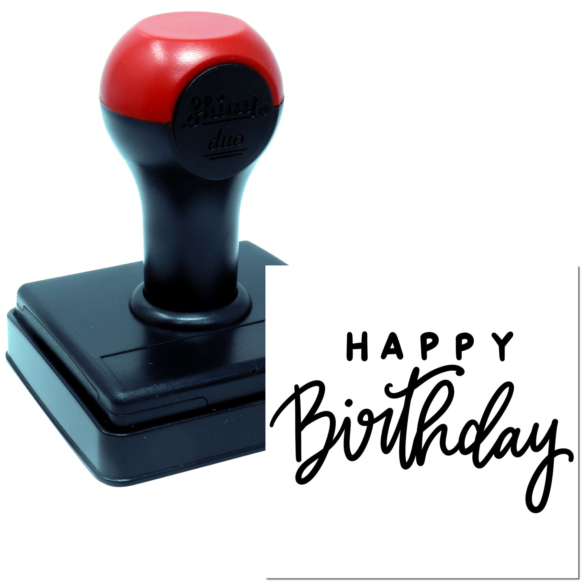 Self-inking rubber stamp with Happy Birthday design for greeting cards, party invitations, and custom birthday packaging.