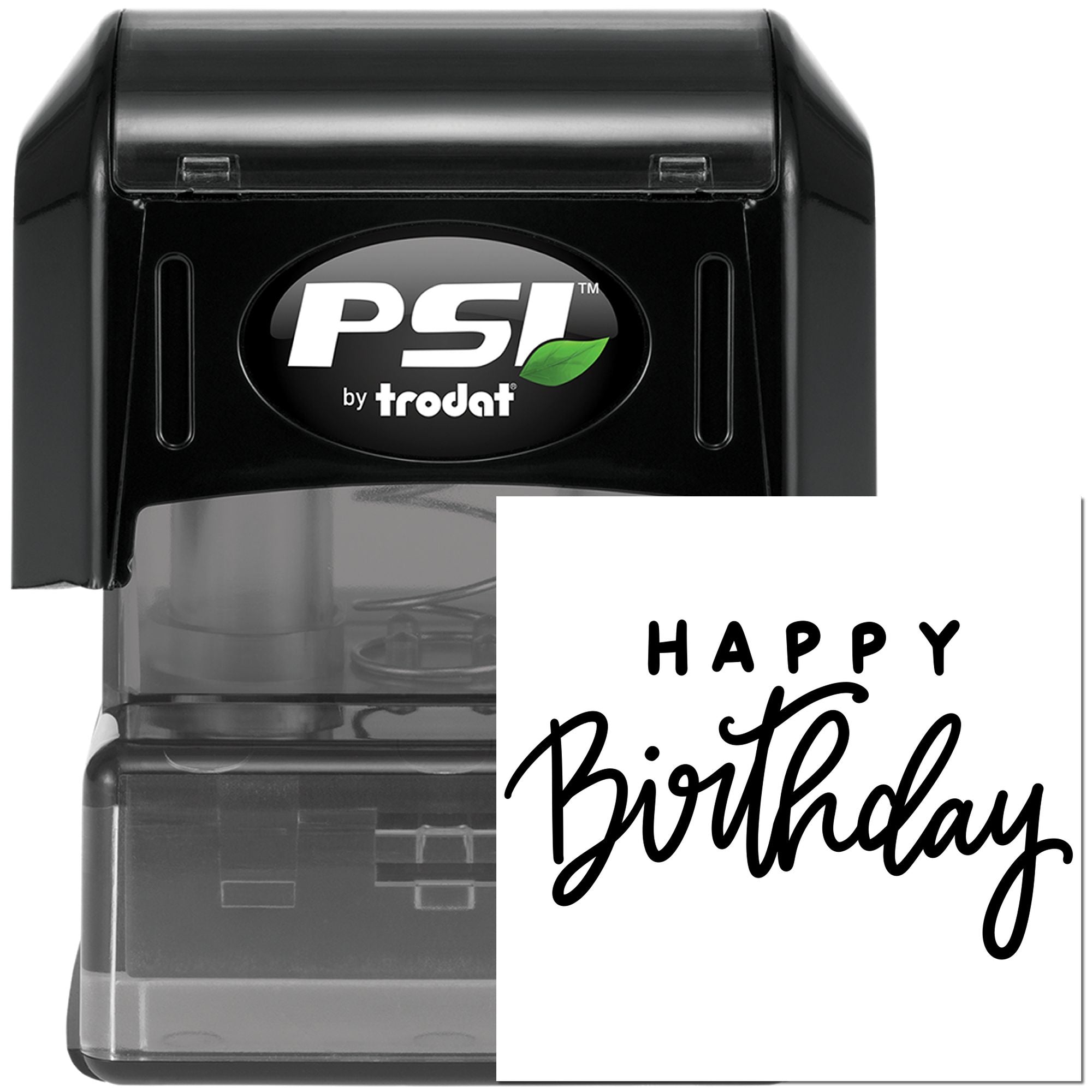 PSI Trodat self-inking rubber stamp with Happy Birthday script for cards, scrapbooking, and party projects.