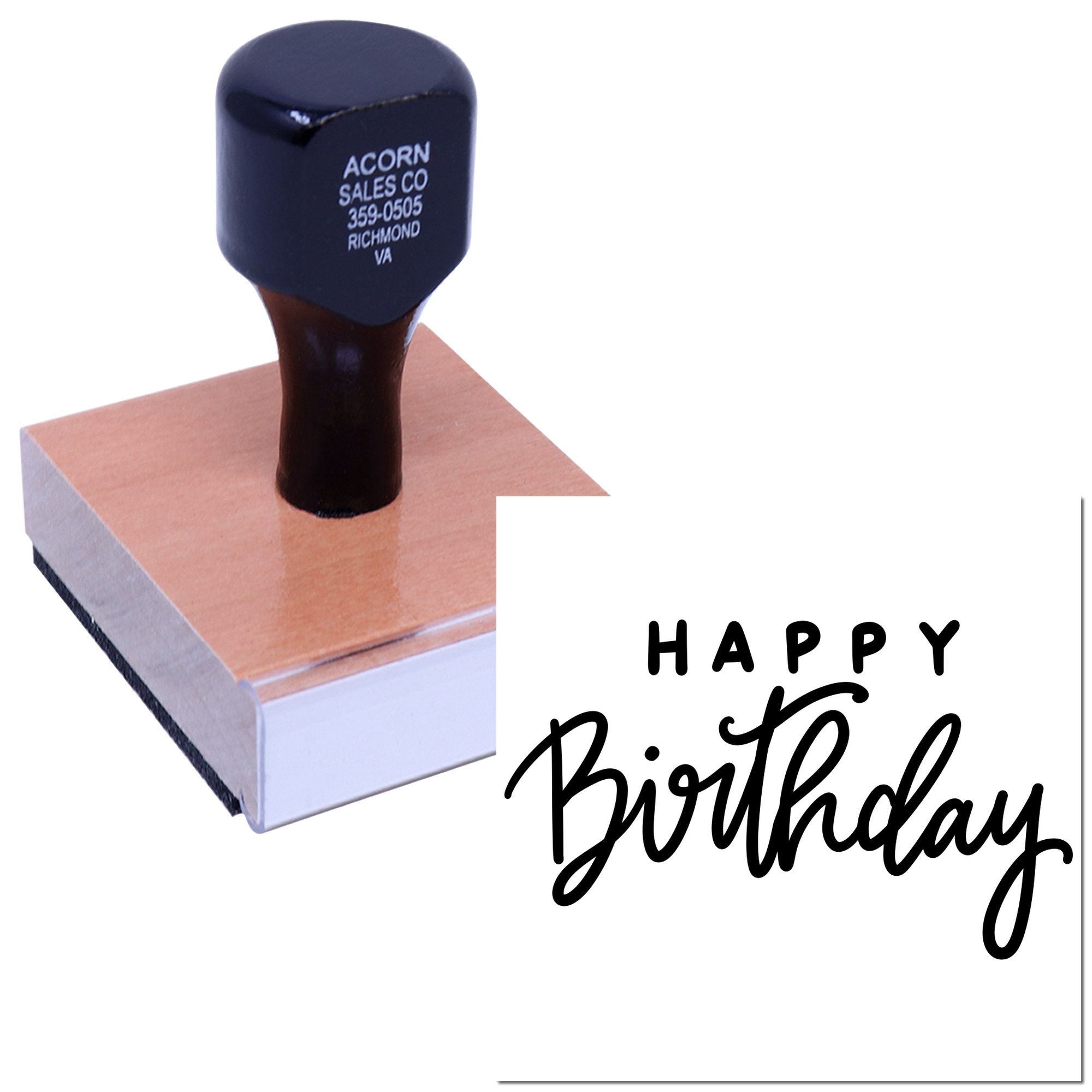 Custom rubber stamp printing a Happy Birthday message, perfect for birthday cards, invitations, and personalized stationery.