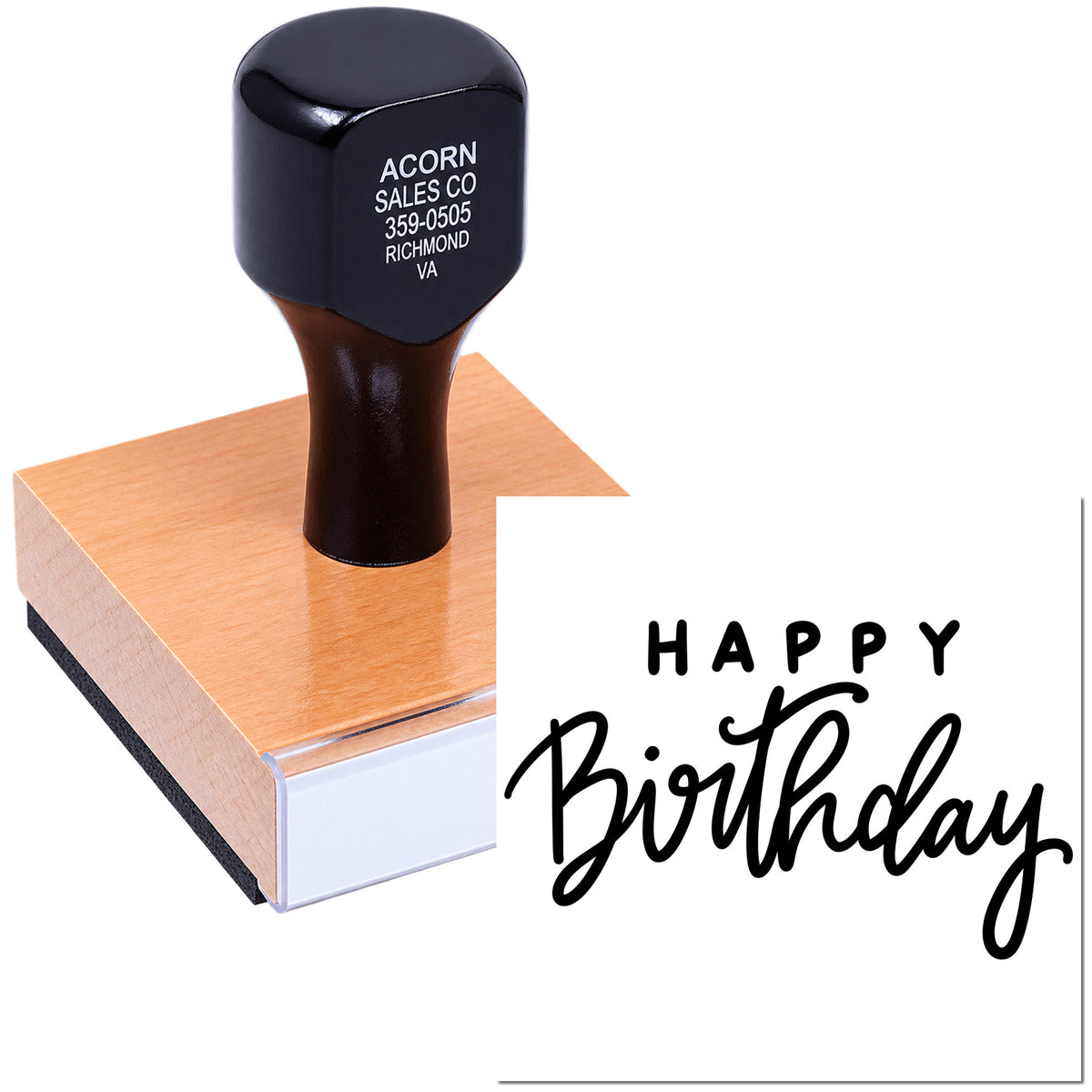 Custom rubber stamp printing a Happy Birthday message, perfect for birthday cards, invitations, and personalized stationery.