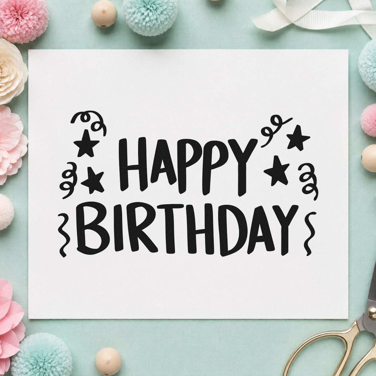Birthday Stars And Streamers craft stamp in black ink on cardstock, an easy option for pavilion album page.