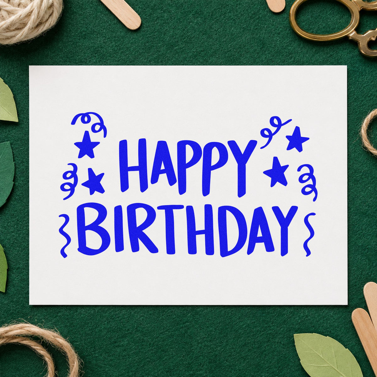 Birthday Stars And Streamers craft stamp imprinted in blue ink on paper, a design suited to framed shelter post.