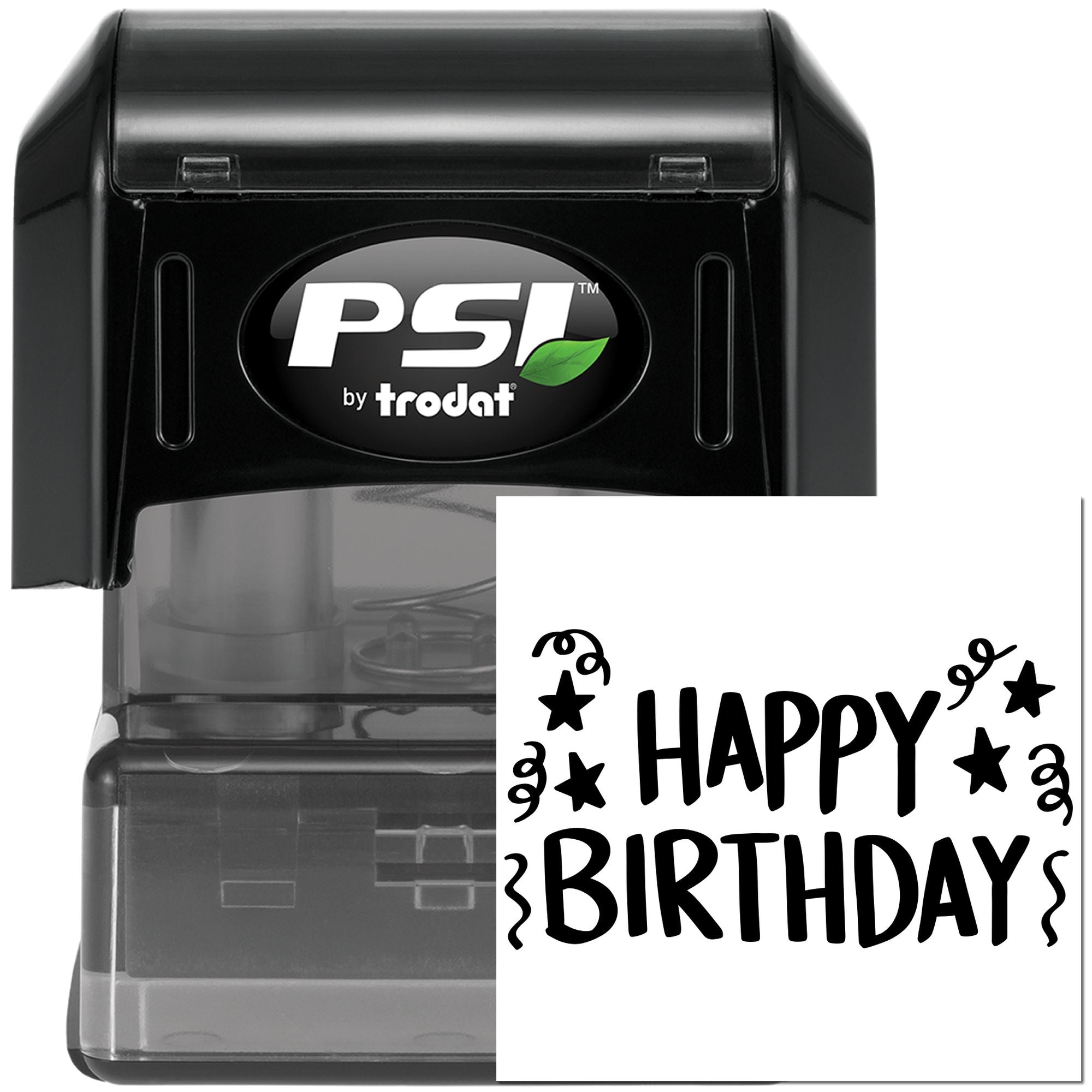 PSI by Trodat self-inking rubber stamp with Happy Birthday imprint and festive stars, ideal for greeting cards and party crafts.