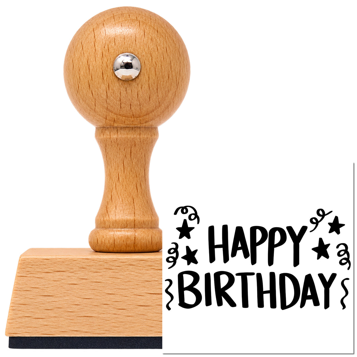 Birthday Stars And Streamers Block Lettering Vintage Pro rubber stamp in European beech wood with a round knob handle, shown beside its black imprint.