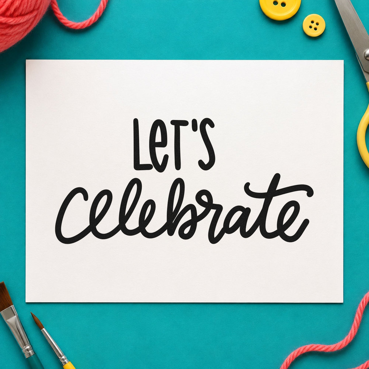 Let's Celebrate Script rubber stamp printed in black ink, ready for narrow capital cards and similar paper crafts.