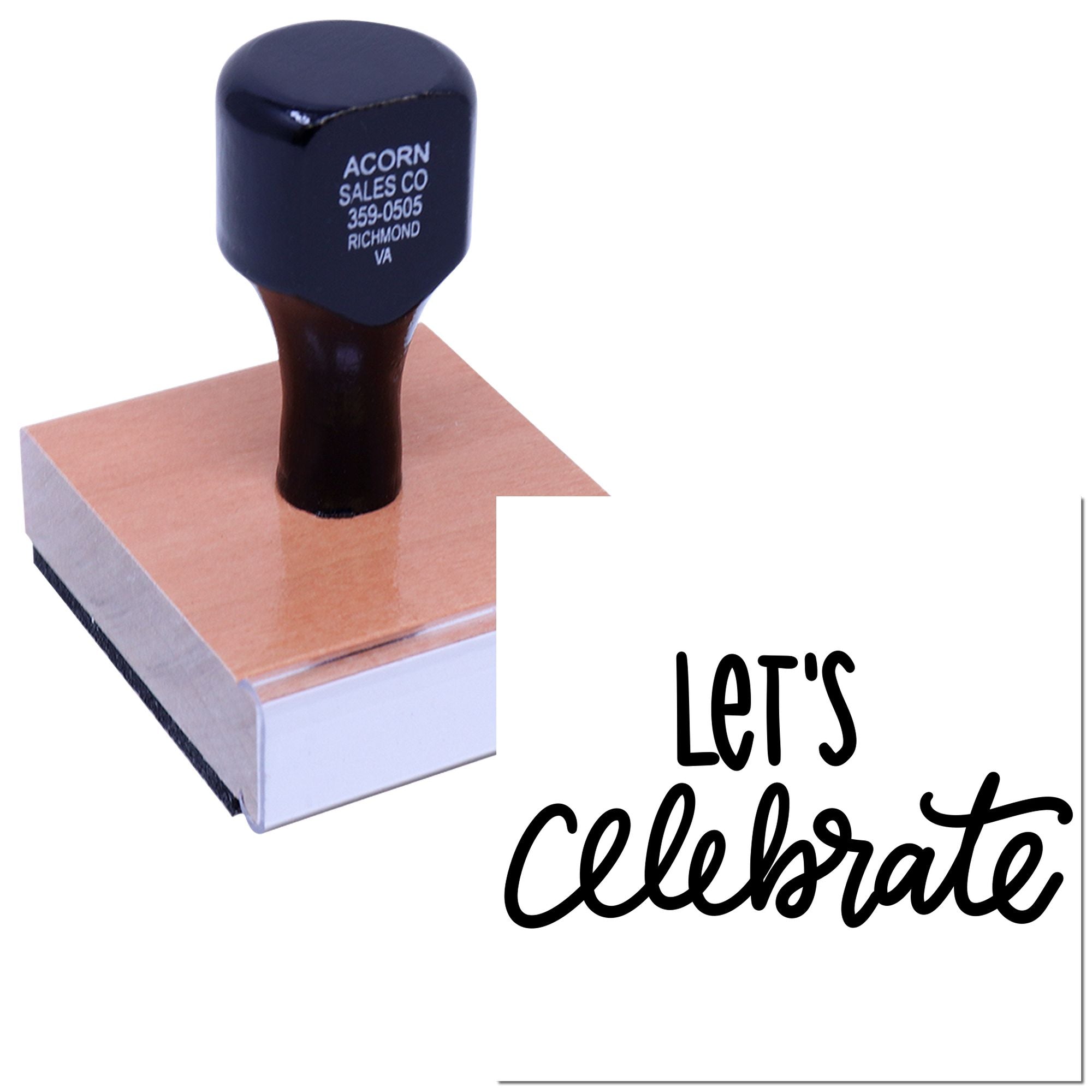 Custom rubber stamp with Lets Celebrate design for party invitations, scrapbooking, and festive craft projects.
